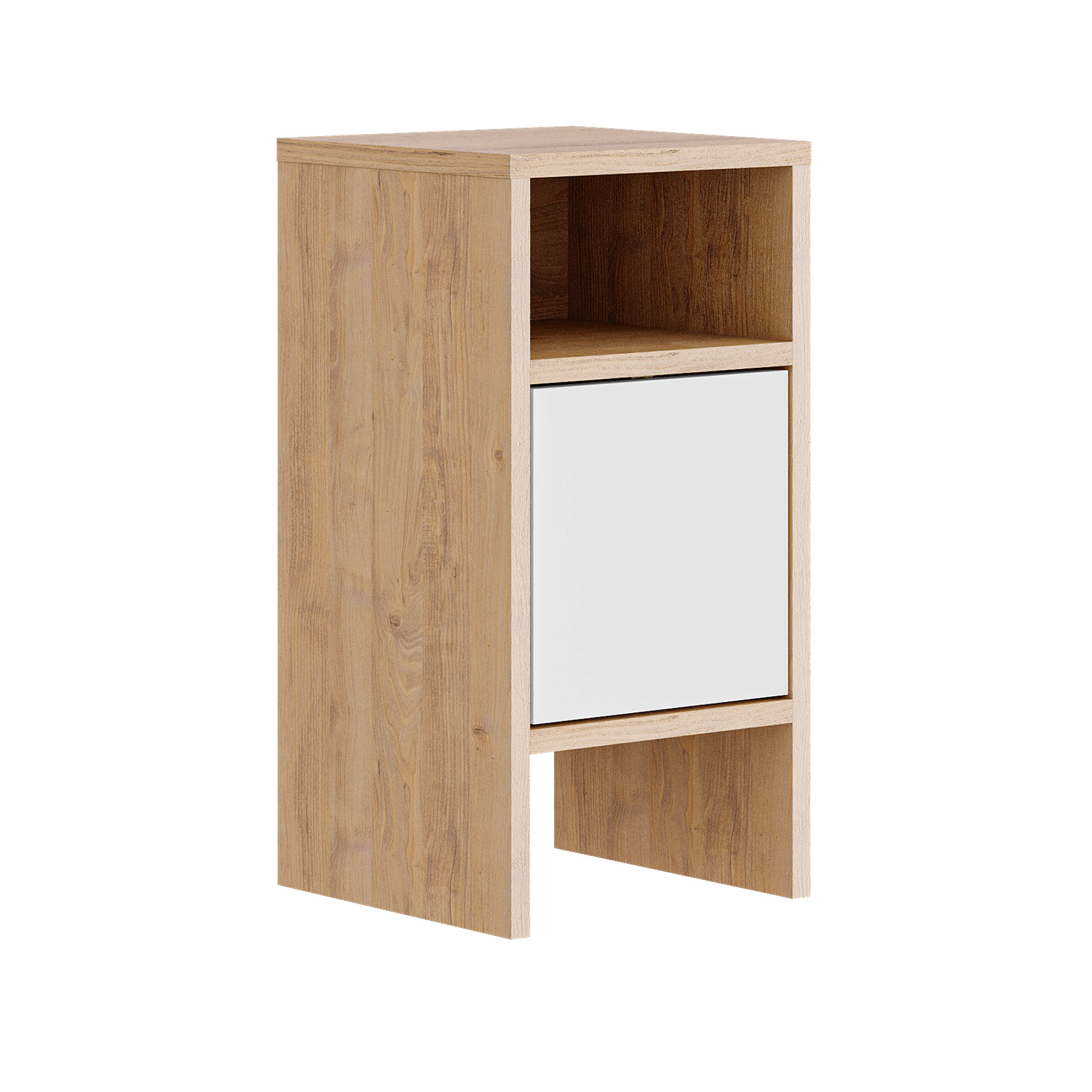 Mesita de noche con una puerta. Color Safir/Blanco. (Alto 59 cm/Ancho 30 cm/Fondo 30 cm)