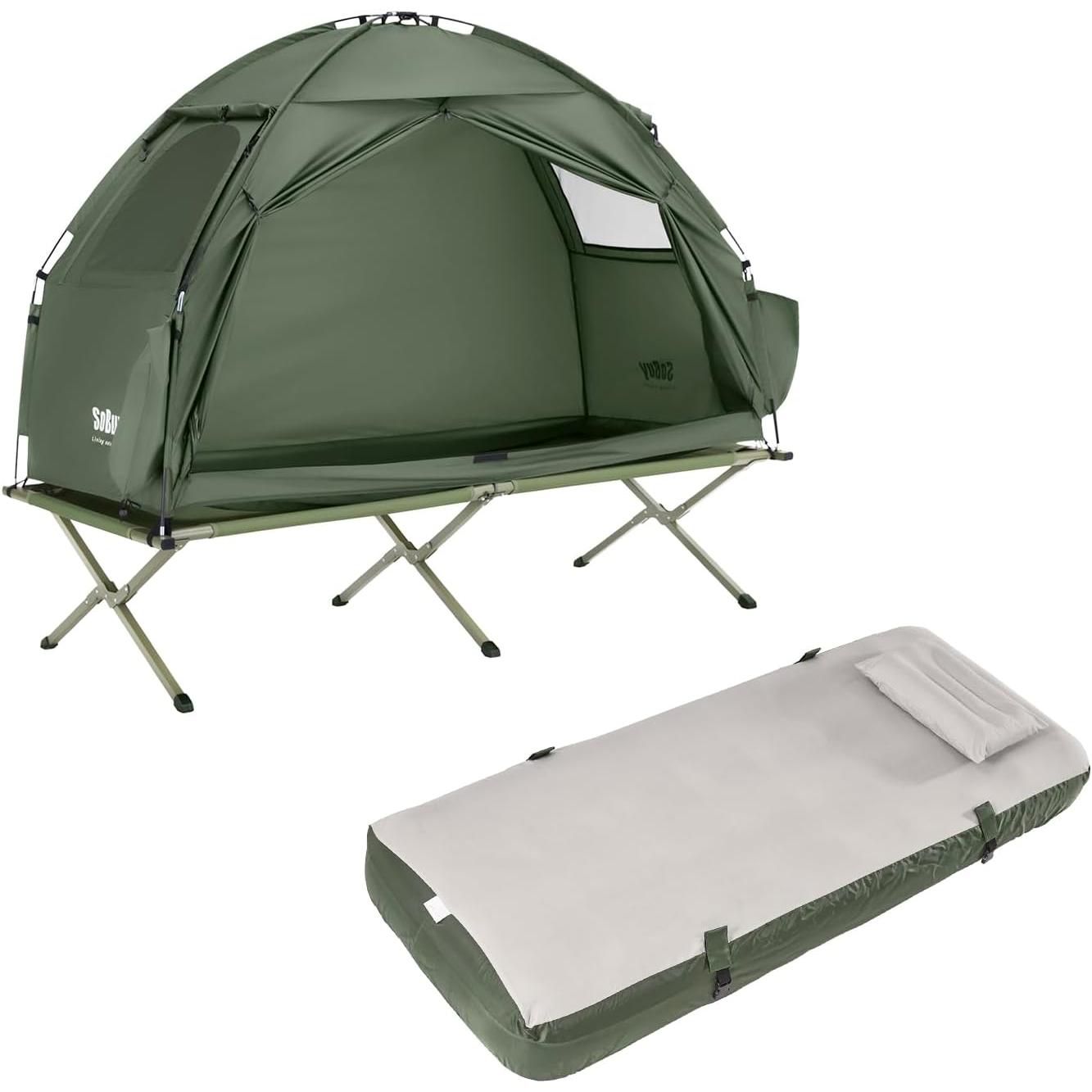SoBuy Cama plegable con tienda de campaña y colchoneta hinchable, Oxford verde oscuro, 193x86x160 cm