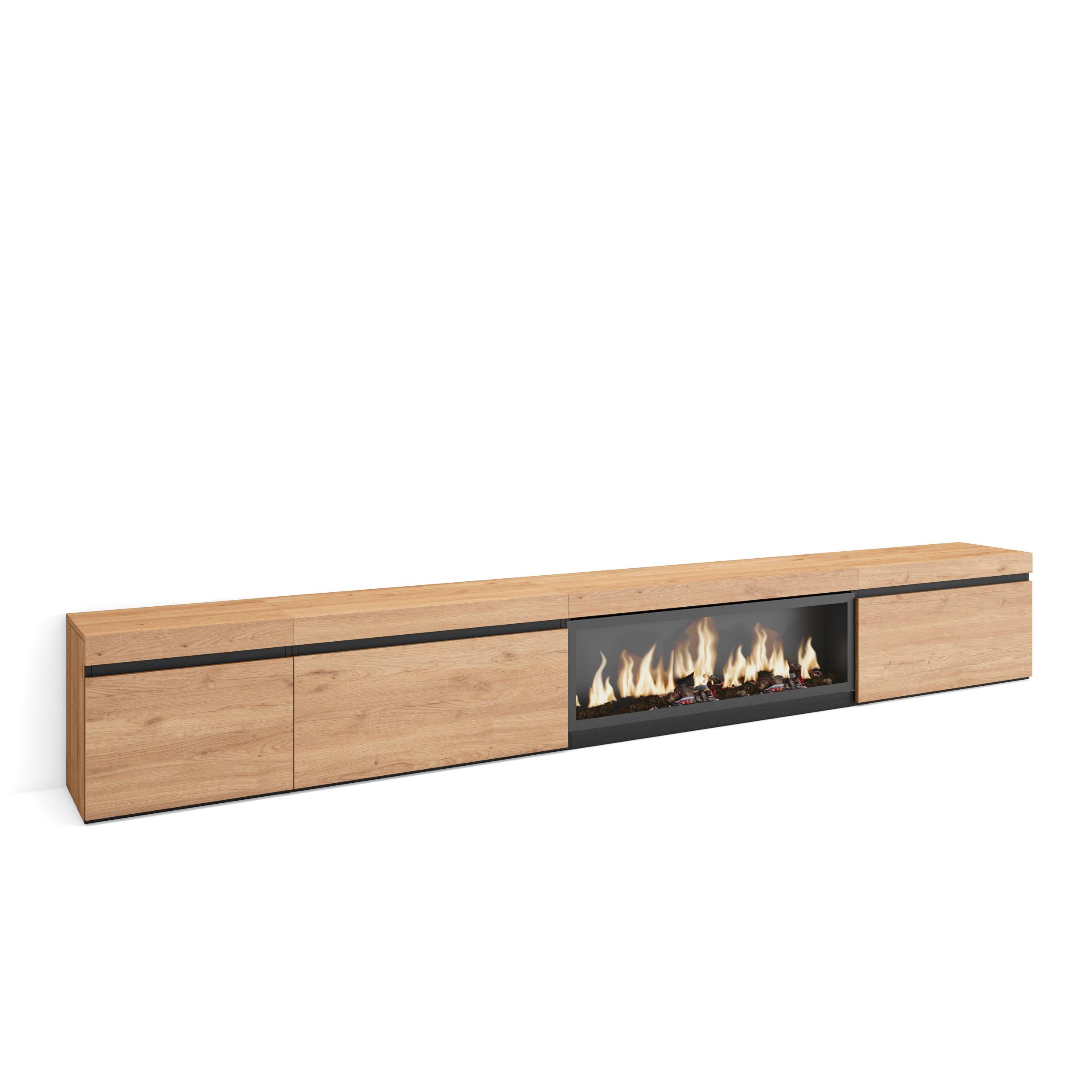 Skraut Home, Mueble TV, Televisión, Muebles de salón, almacenaje, 317x35x45cm, Chimenea eléctrica XXL efecto fuego 3d, color Roble