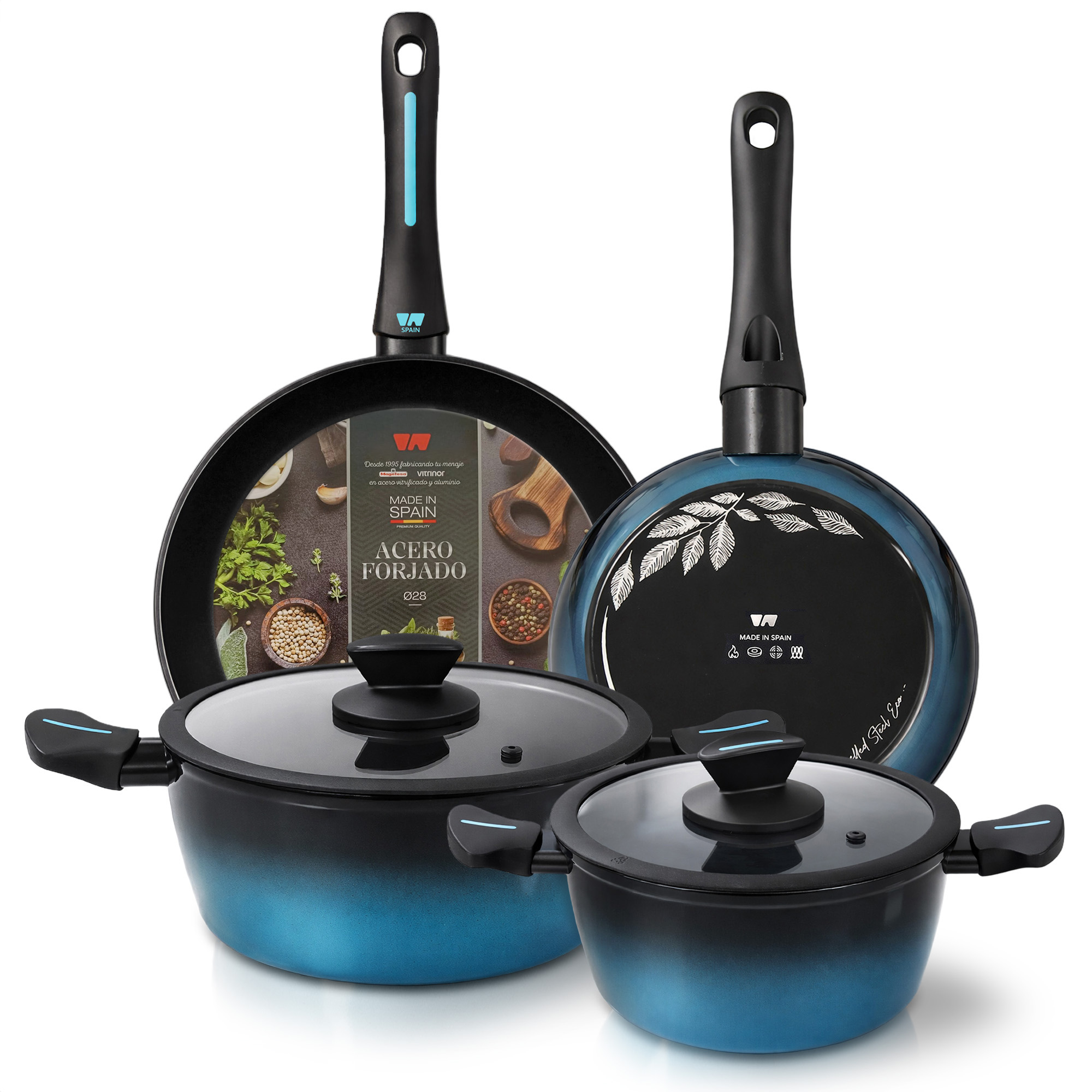 Briebe Mare Batería Cocina Inducción Acero Forjado 6 Piezas Antiadherente sin PFOA, Fabricada en España, , Azul