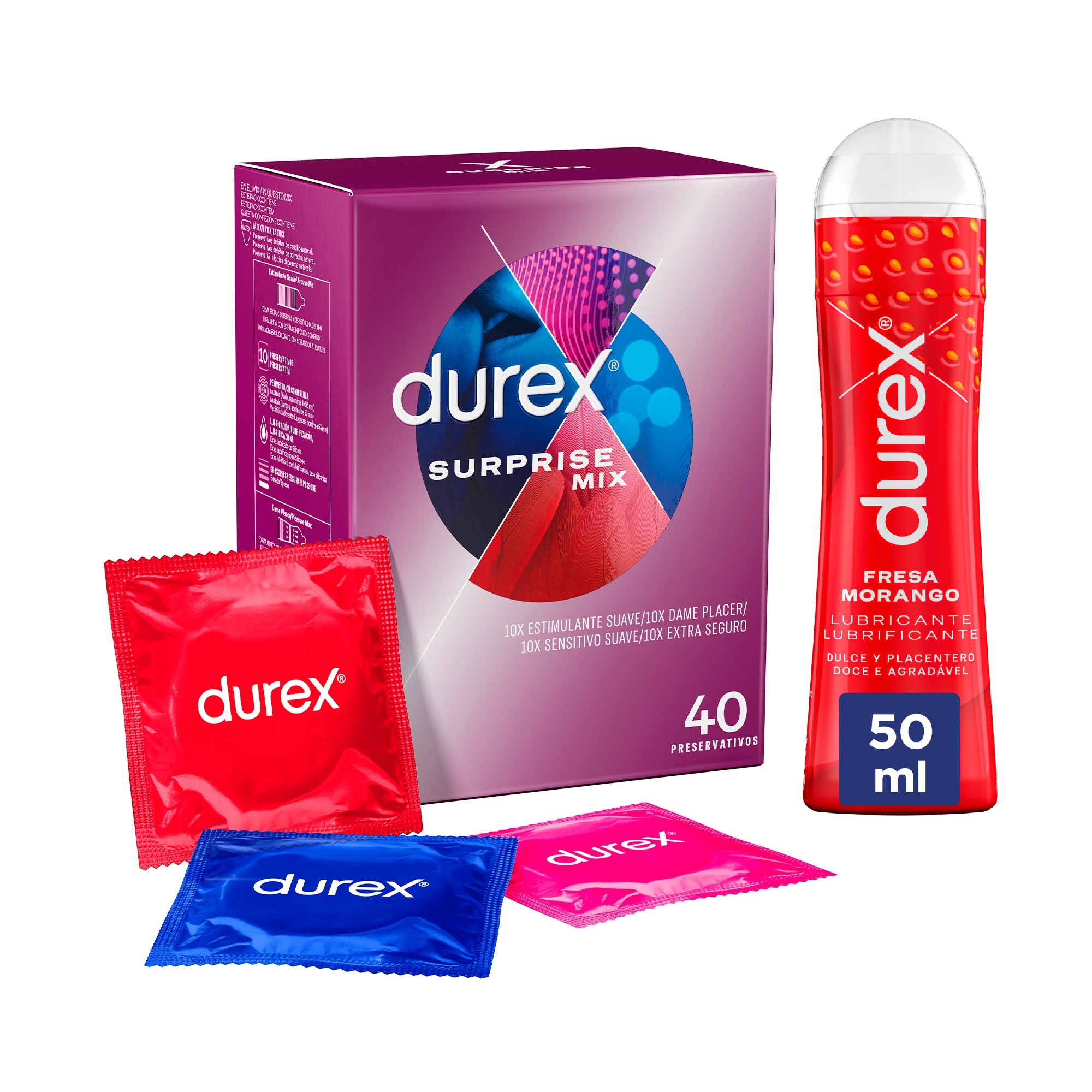 Durex - Surprise Mix 40 Condones Surtidos + Lubricante Fresa  50ml, Dame Placer, Sensitivo Suave, Extra Seguro y Estimulante Suave