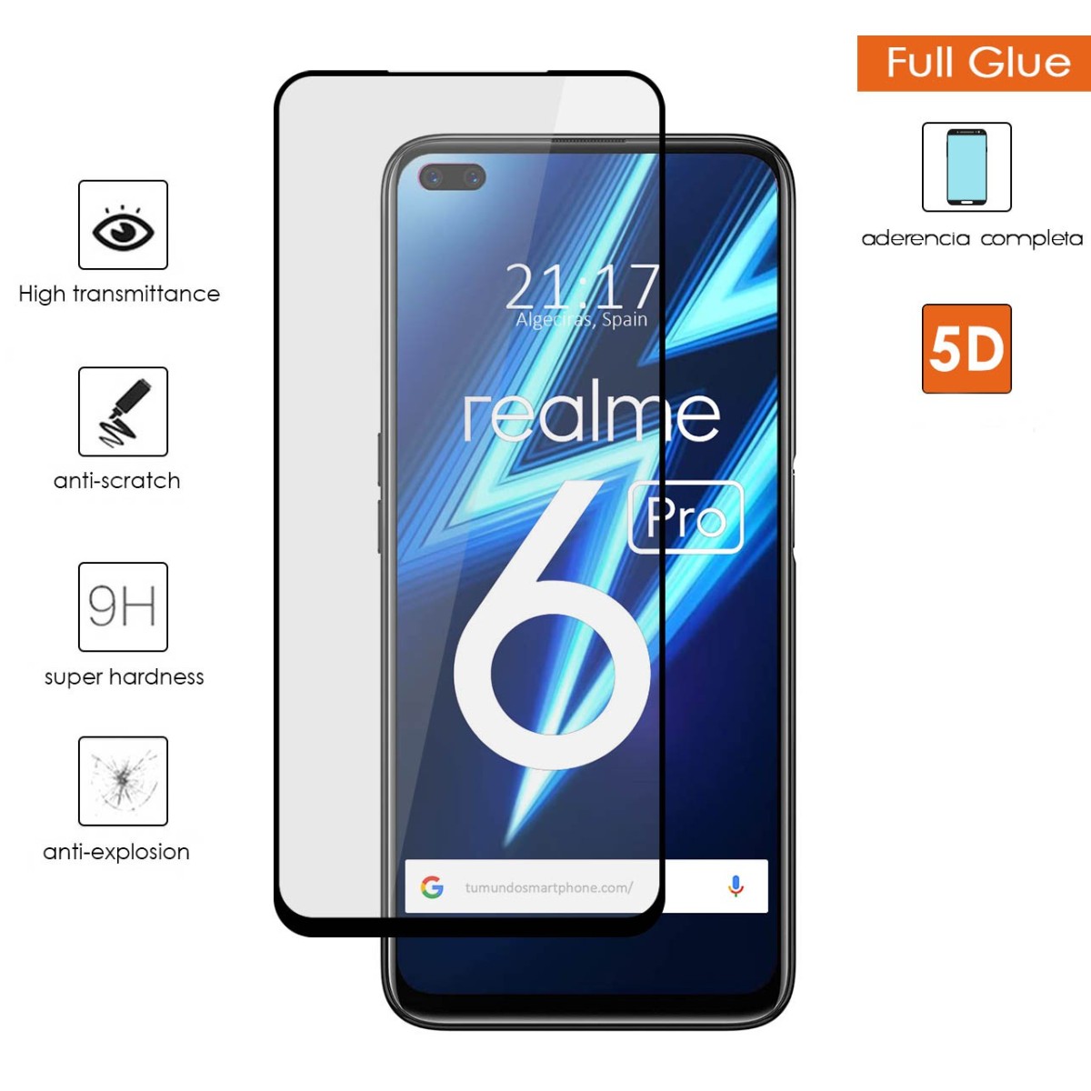 Tumundosmartphone Protector Cristal Templado Completo 5D Full Glue Negro para Realme 6 Pro Vidrio