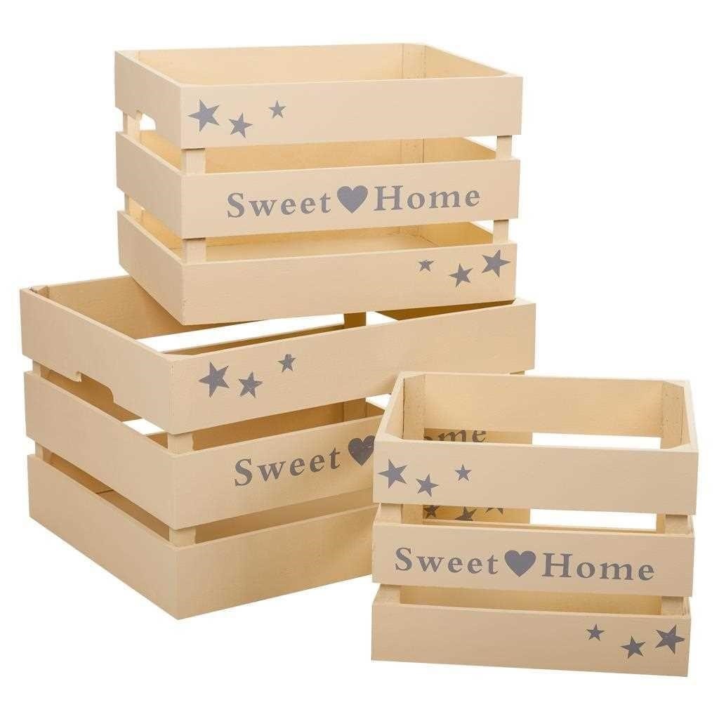 WANDERLUST DECO Cajones de Madera Beige para Almacenaje - Set 3 Piezas 42x33x25h-35x28x23h-28x23x21h Cm