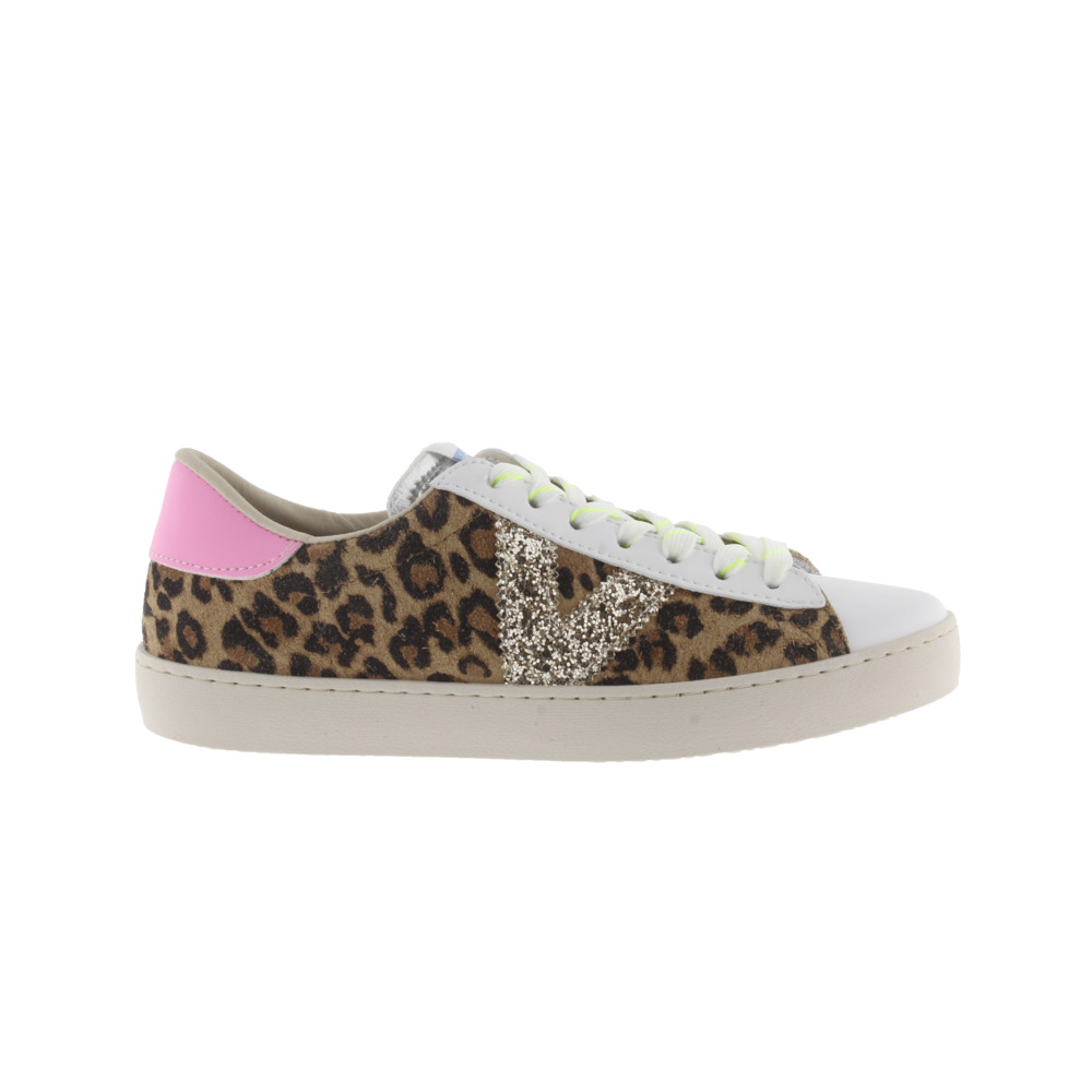 Victoria Berlín Zapatillas de serraje leopardo con logotipo de glitter y detalles flúor 1126214