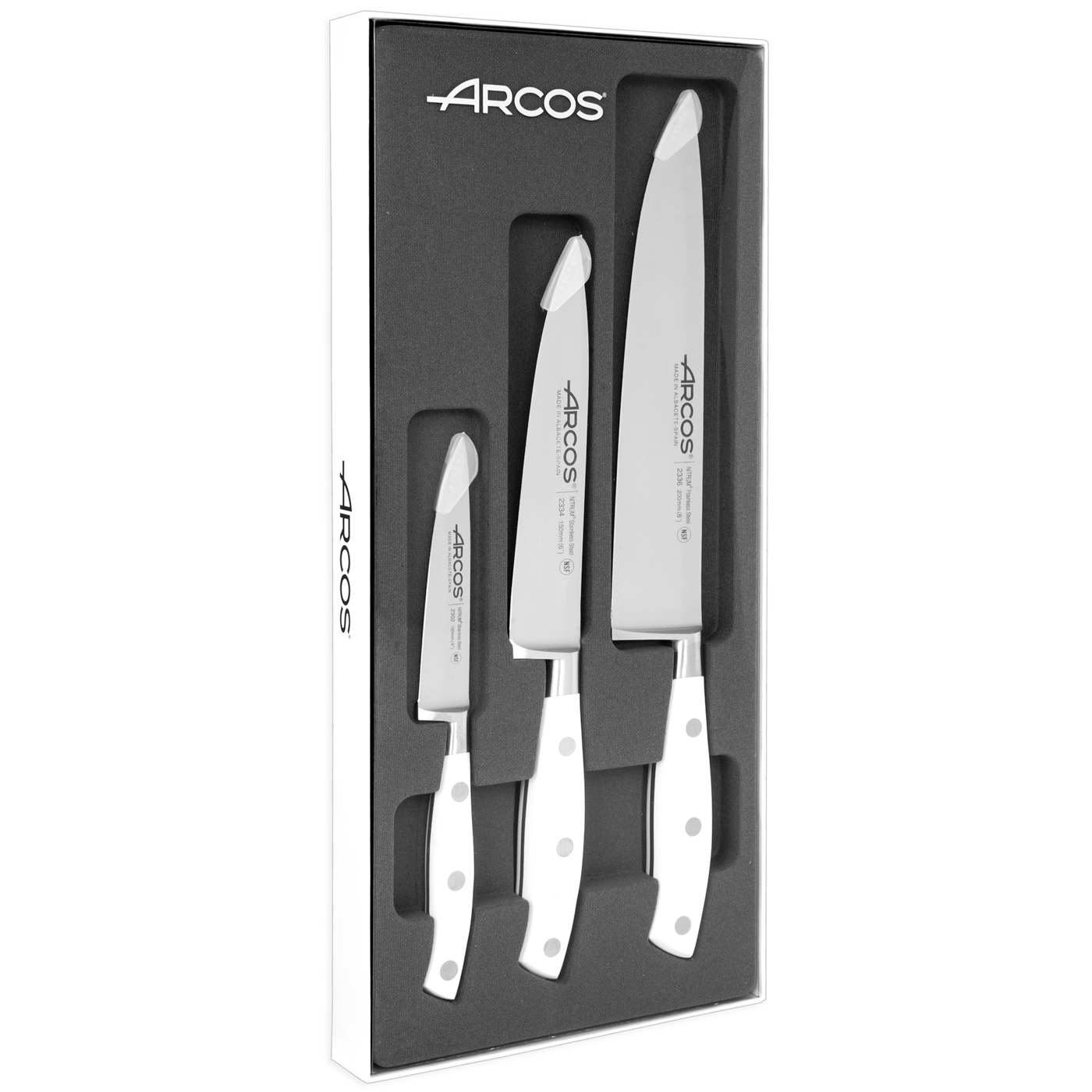 ARCOS Riviera Blanc - Set de 3 Cuchillos (100, 150 & 200 mm) - Acero Inoxidable Forjado Nitrum® - Mango Blanco de POM