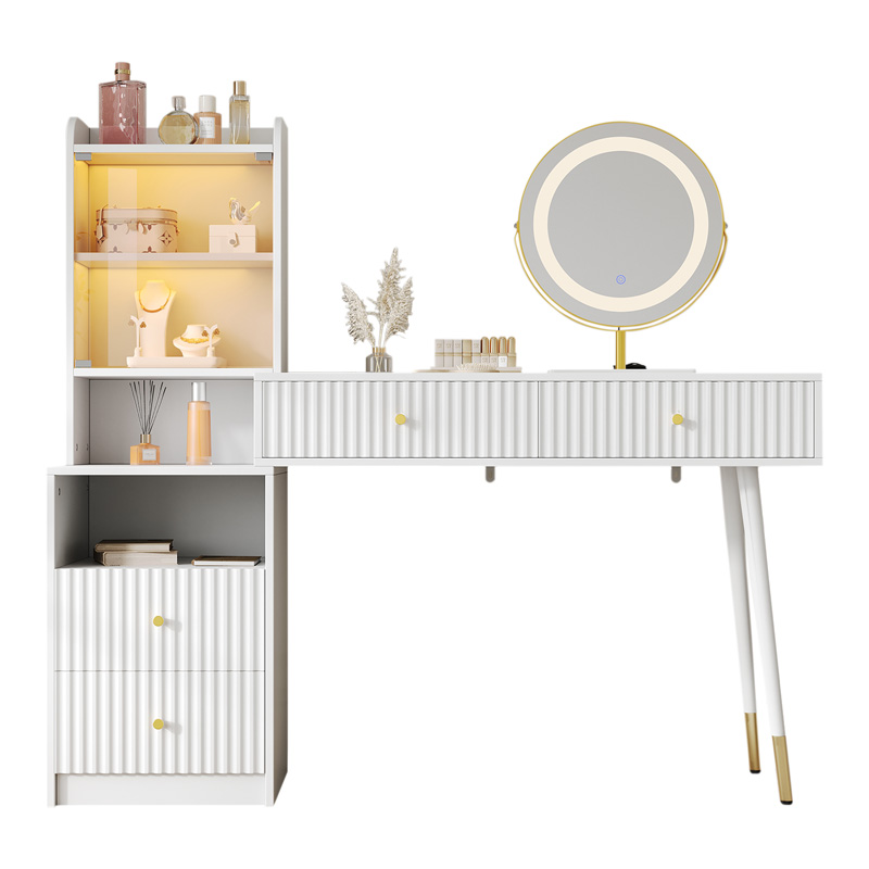 Coiffeuse blanche avec miroir LED trois couleurs, quatre tiroirs, vitrine éclairée avec porte en verre et espace de rangement ouvert