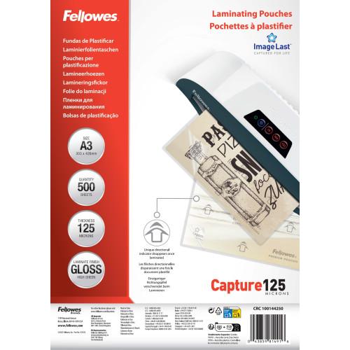 Pack 500 fundas plastificar 125 micras brillo a3 (303x426 mm) fellowes 100144250
