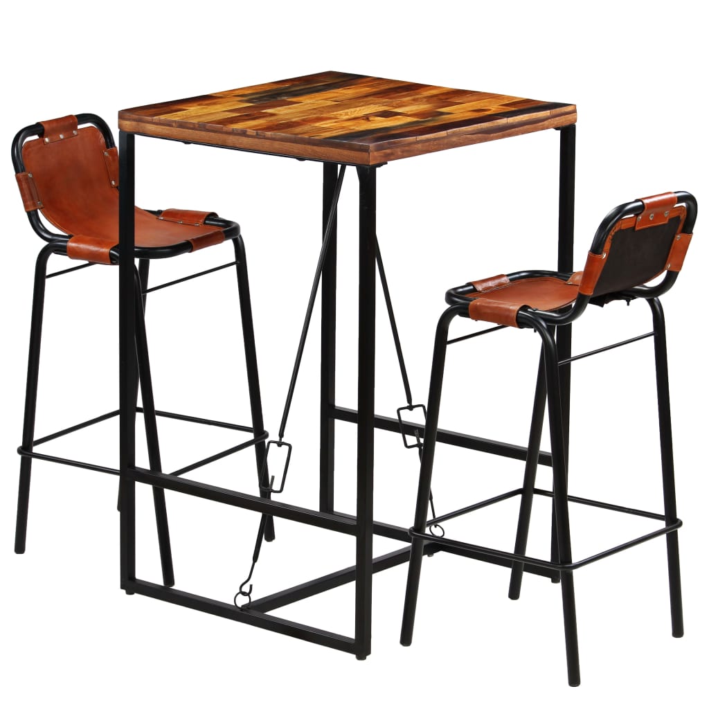 vidaXL Set muebles bar 3 pzas madera reciclada cuero cabra auténtico