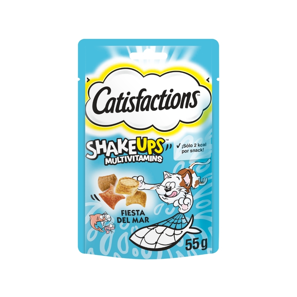 CATISFACTIONS Shake Ups Multivitamins (55 gr) - Snack Premios para Gatos Doble Textura con Multivitaminas Solo 2 kcal por Snack (Aves a la Brasa ó Fiesta del Mar)