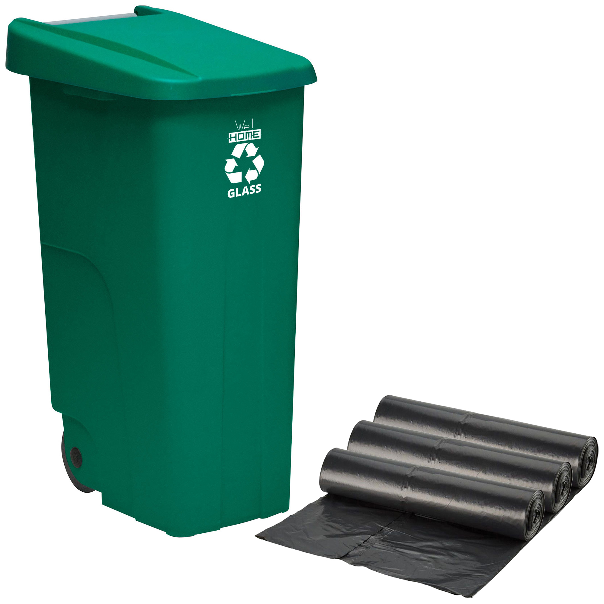 Prosperplast Contenedor WELLHOME Reciclo 110 Litros con Tapa y Ruedas + 3X Bolsas de Basura