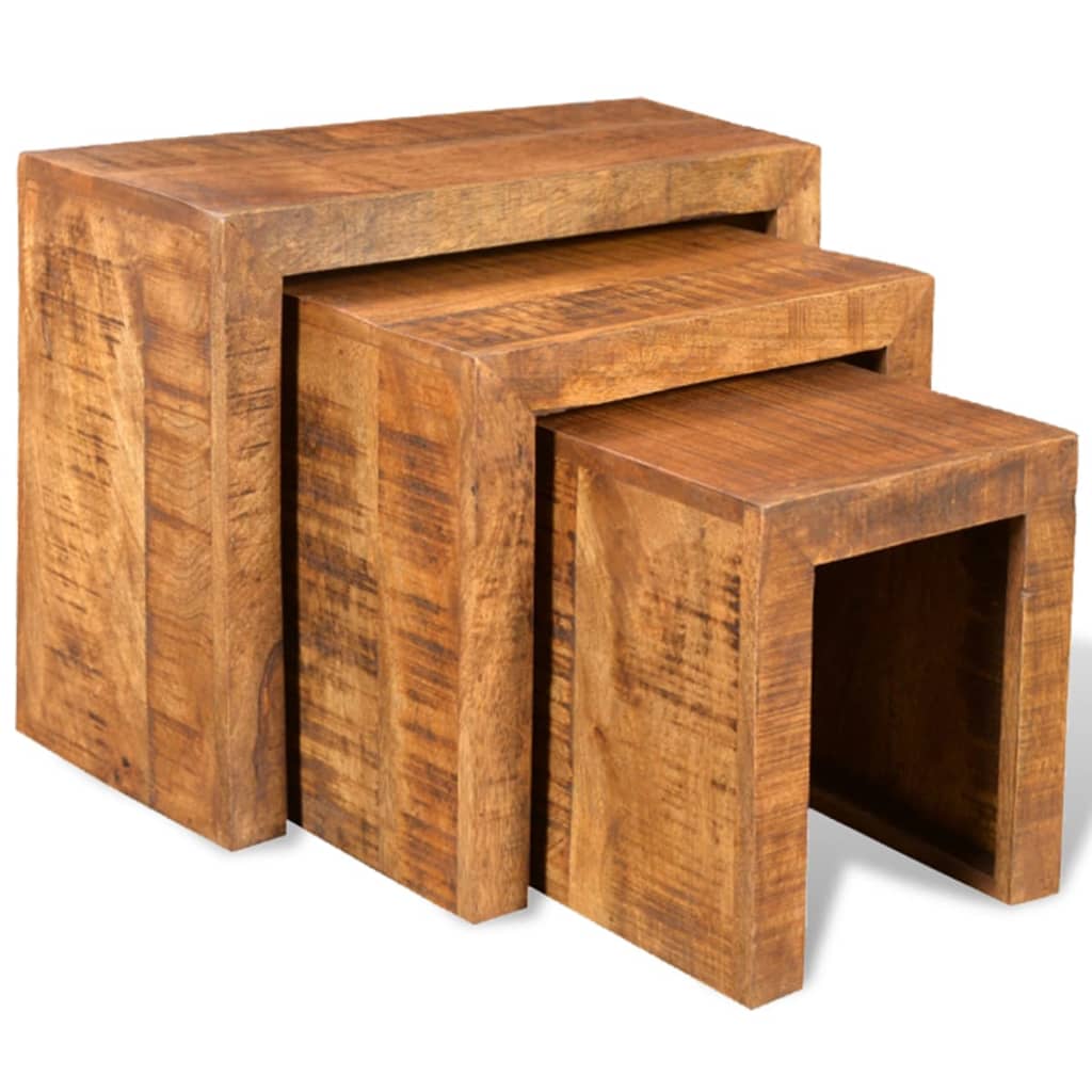 vidaXL Set de 3 mesitas apilables de madera maciza de mango