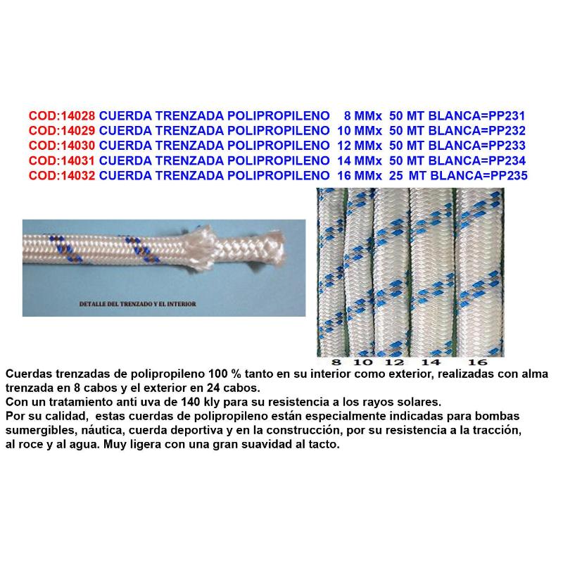 Cuerda trenzada polipropileno  14 mmx  50 mt blanca pp234