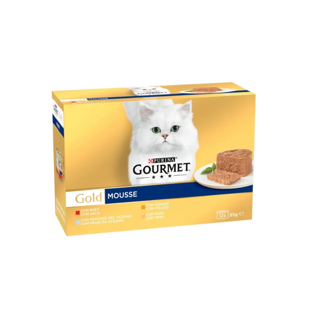 GOURMET Gold Mousse Surtido (12x85 gr) - Alimento Húmedo Completo para Gatos Adultos (Buey_ Pescado del Océano_ Hígado y Pavo)