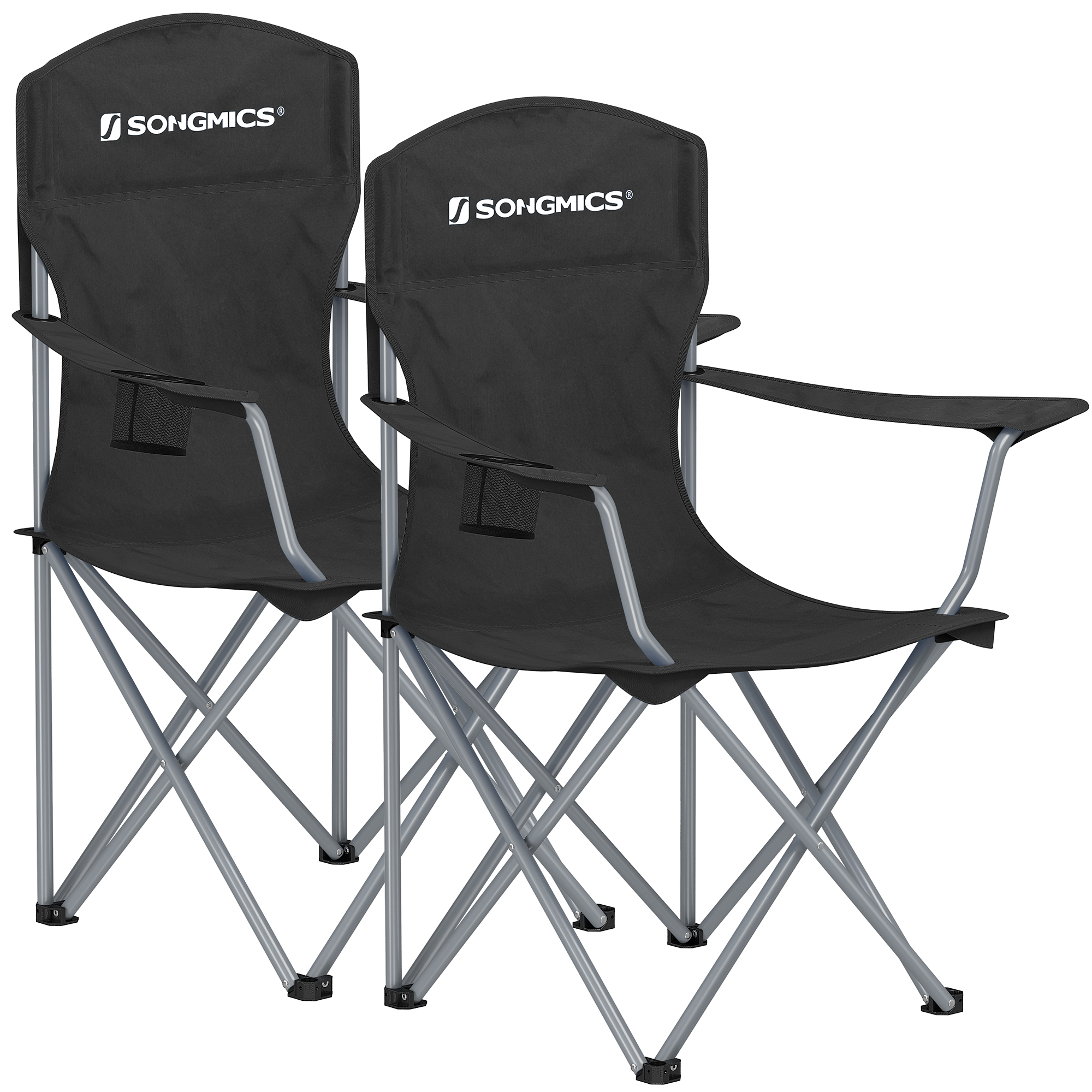 SONGMICS Sillas de Camping, Juego de 2 Sillas de Exterior, Respaldo Alto, Apoyabrazos, Bolsillo para Tazas, Portátil, Plegable, Carga de 150 kg, Acampada, Jardín, Pesca, Terraza, Azul/Gris Pizarra/Azul Crepúsculo/Negro/Verde Oscuro