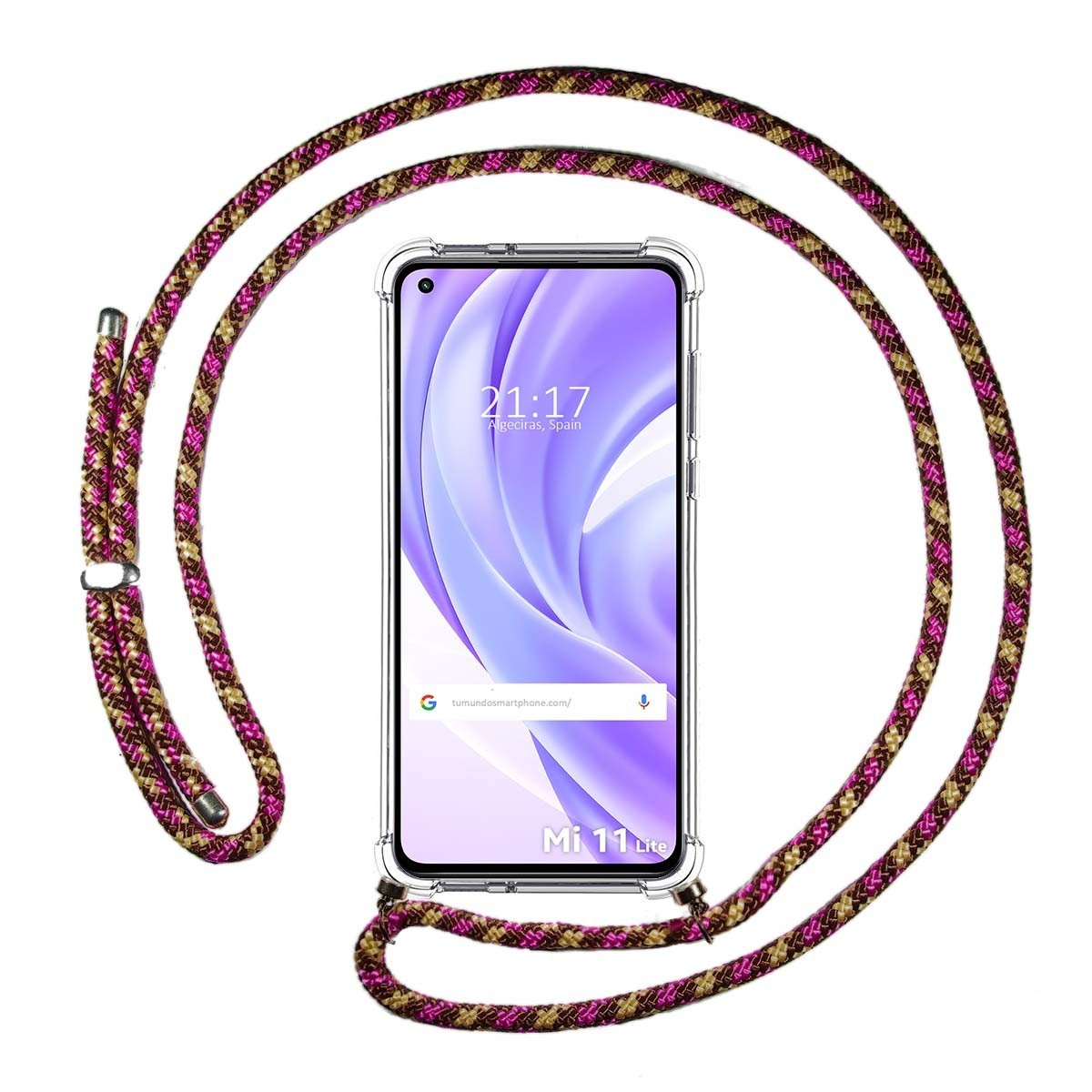Tumundosmartphone Funda Colgante Transparente para Xiaomi Mi 11 Lite 4G / 5G / 5G NE con Cordon Rosa / Dorado