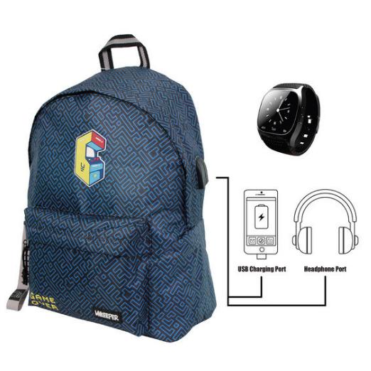 Bolsos HF Mochila 3 Compartimentos con Puerto USB + Smartwatch Unkeeper.14x33x44cm Producto Oficial Producto Escolar Para Niños y Niñas