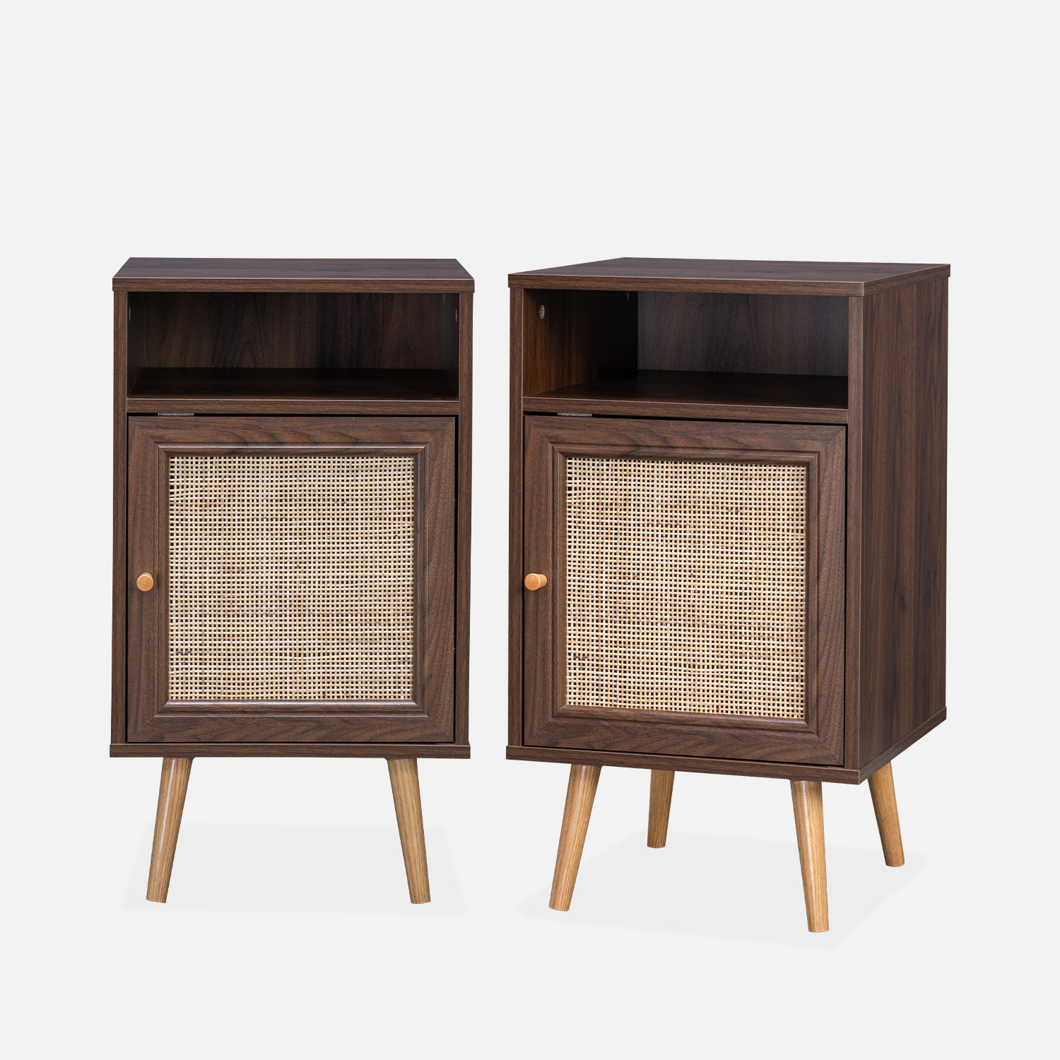 sweeek - Mesita de noche escandinava con efecto madera y caña, set de 2 , Boheme , 39x40x70