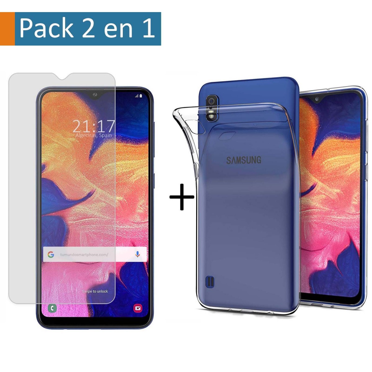 Tumundosmartphone Pack 2 En 1 Funda Gel Transparente + Protector Cristal Templado para Samsung Galaxy A10