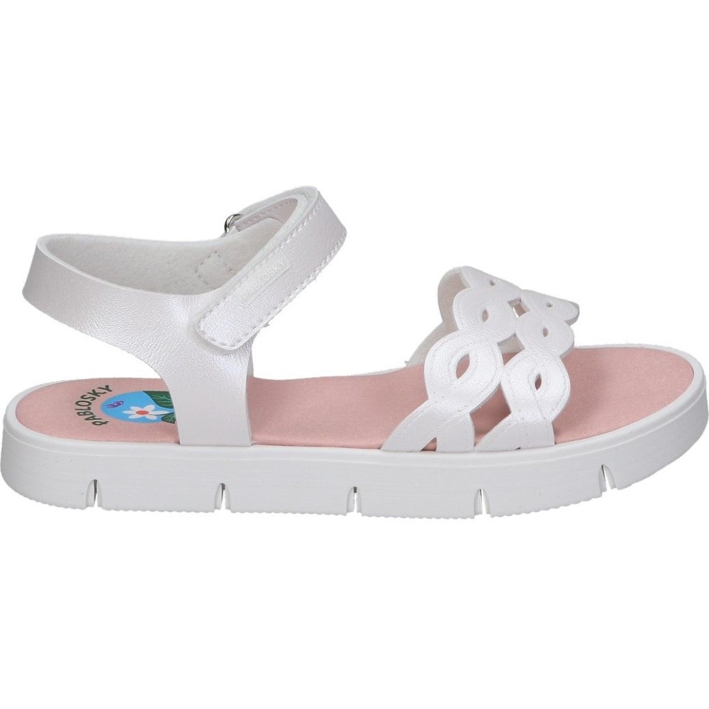 PABLOSKY | Sandalias Pablosky Polina para Niña – Sandalias de Verano en Color Blanco con Detalles – Sandalia Plana con Velcro – Flexibles – Cómodas y Versátiles – Hechos en España – Alta Calidad – Modelo 440704