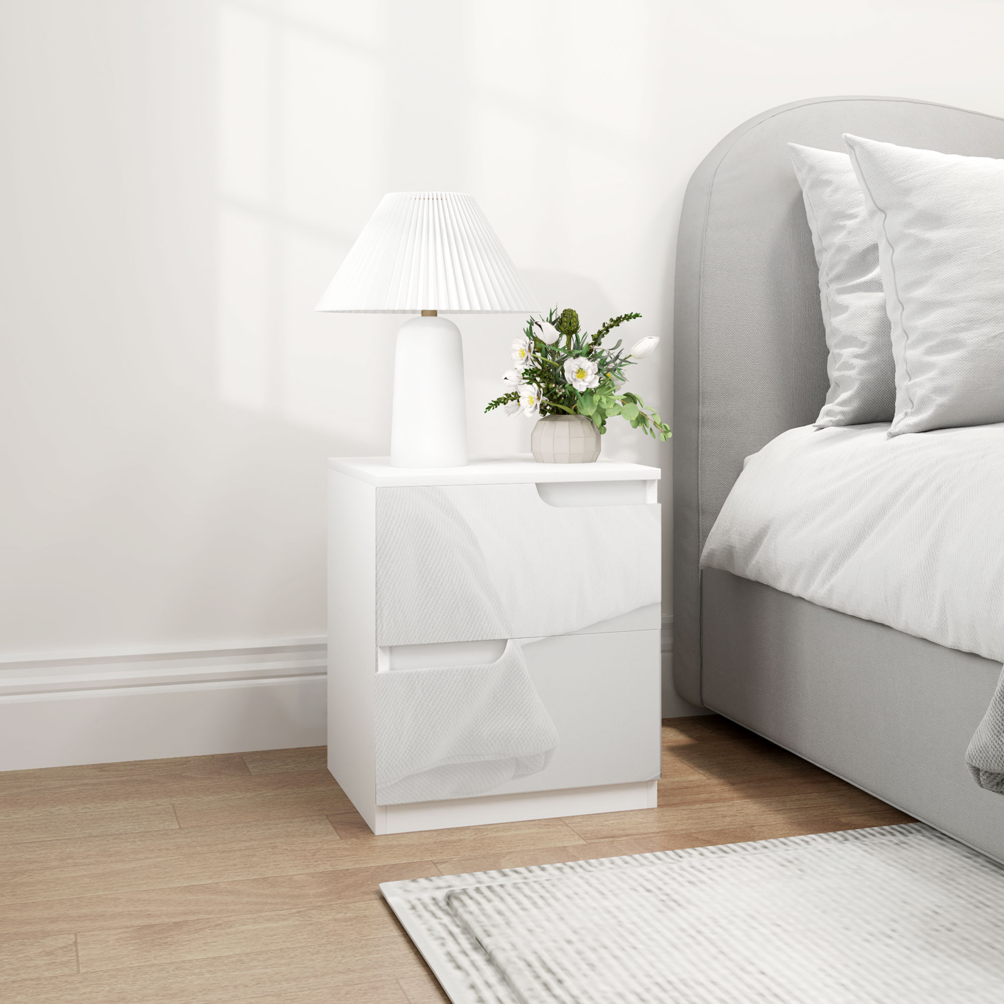 HOMCOM Mesita de Noche Moderna Mesilla de Noche con Cajones con Frontal Blanco Brillante y Almohadilla Mesa Auxiliar para Dormitorio Salón 40x40x48 cm Blanco