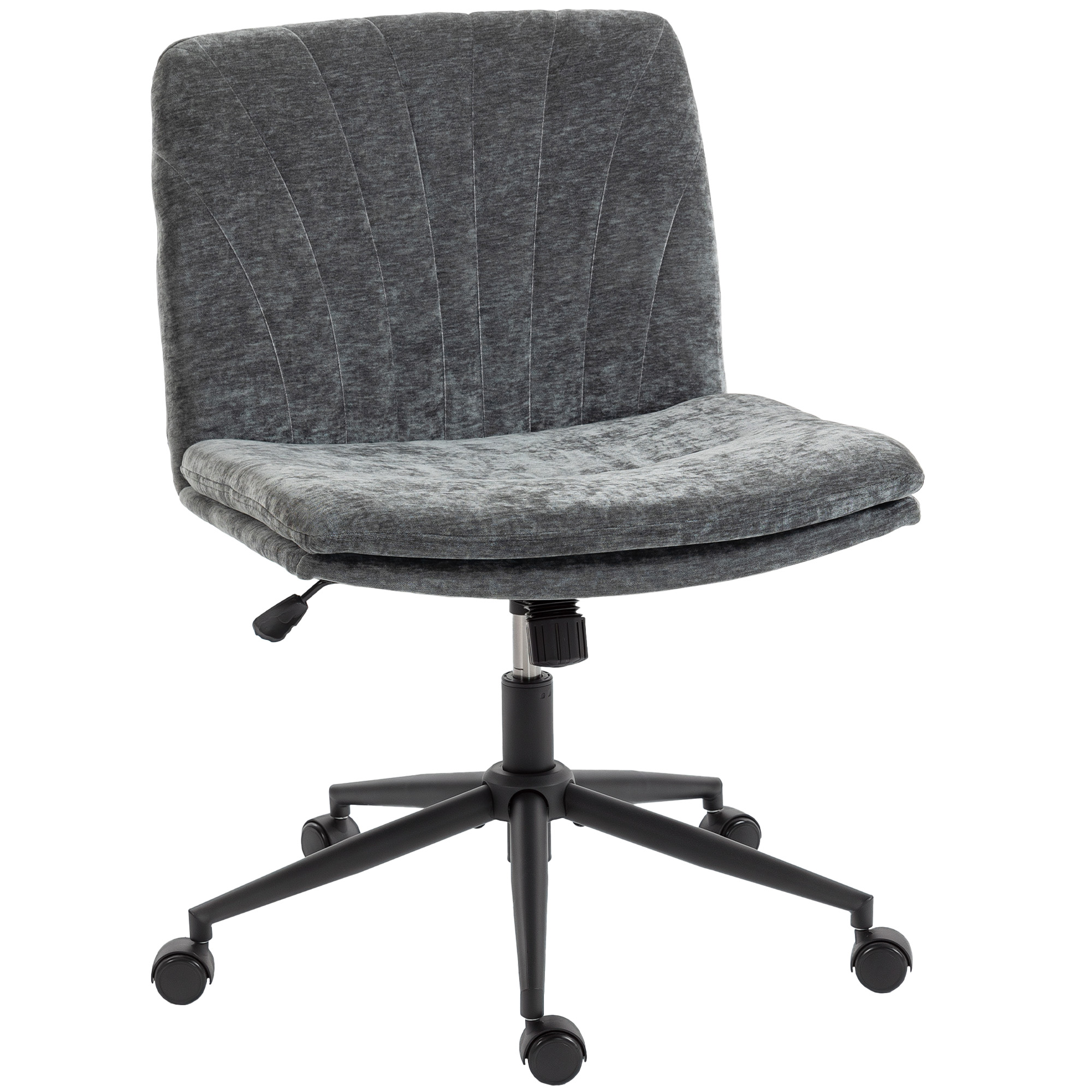 HOMCOM Silla de Oficina Piernas Cruzadas, Silla de Escritorio con Asiento Ancho, sin Reposabrazos, Ruedas, Altura Ajustable, Giratoria, Función Basculante, Tapizada en Chenilla, Gris