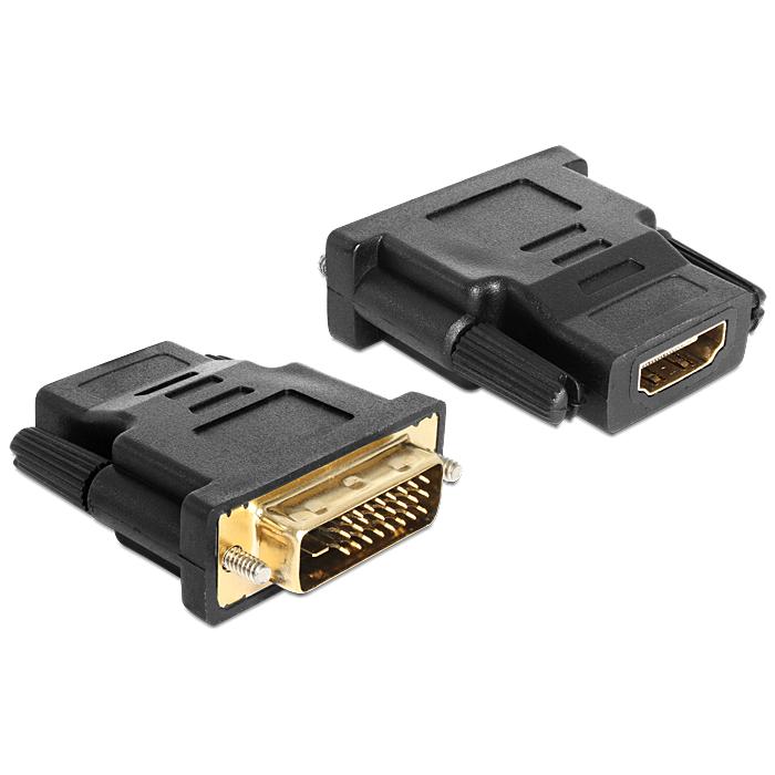 DeLOCK 65466 DVI 24+1 to HDMI gender changer, black, features gold-plated connectors for high-quality signal transfer, ideal cable extender for seamless connectivity.