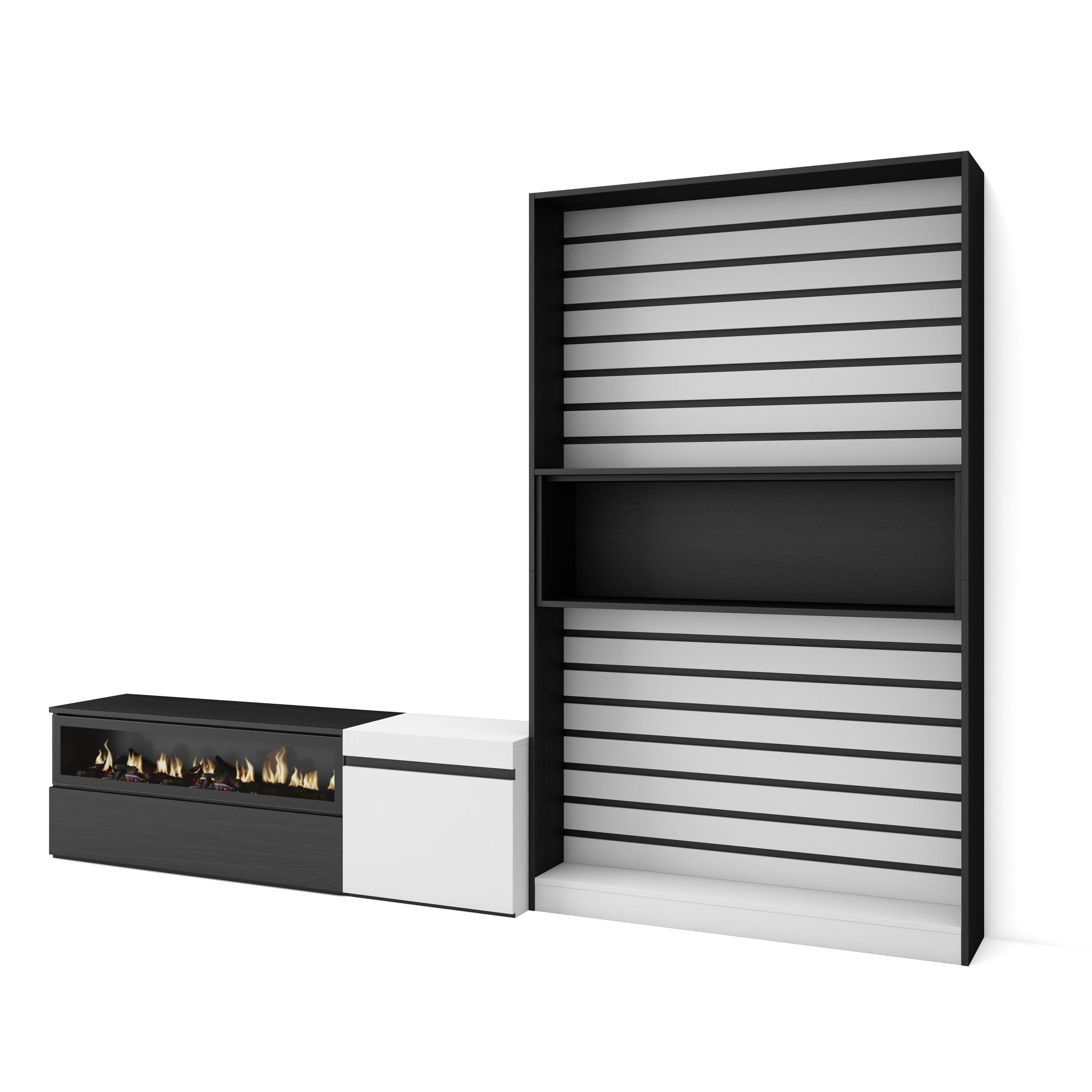 Skraut Home - Conjunto de muebles de Salón - Estantería y organización - Mueble TV - Fuego led efecto 3d - Veteado de madera - Tacto poroso de alta calidad - Estilo Moderno - Medidas totales 260x35x186cm