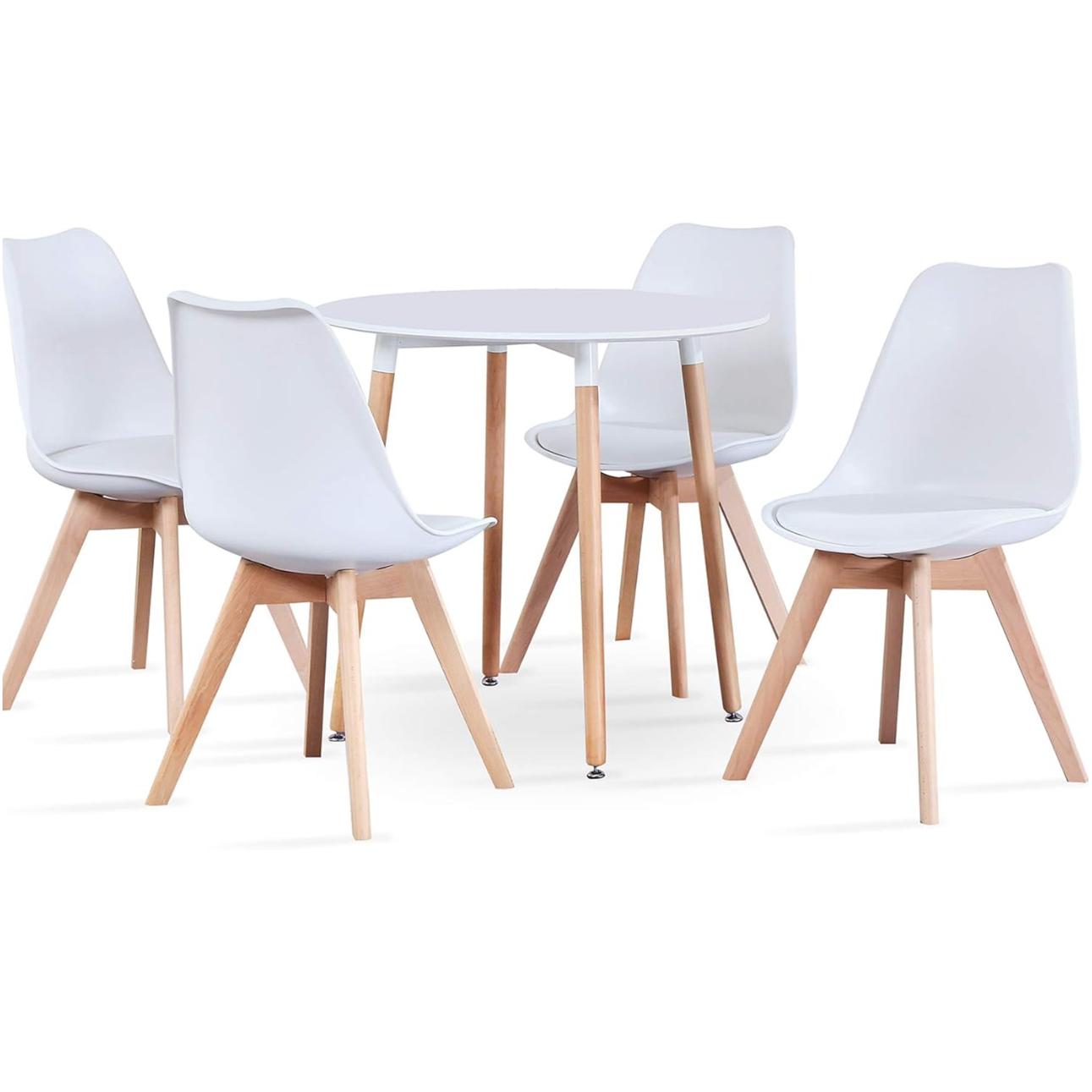 ORION91 Conjunto Mesa 80 cm + 4 Sillas SIRIO Acolchadas Color Blanco - Estilo Nórdico Ideal para Comedor, Oficina, Salón, Terraza Juego - SpazioLuzio