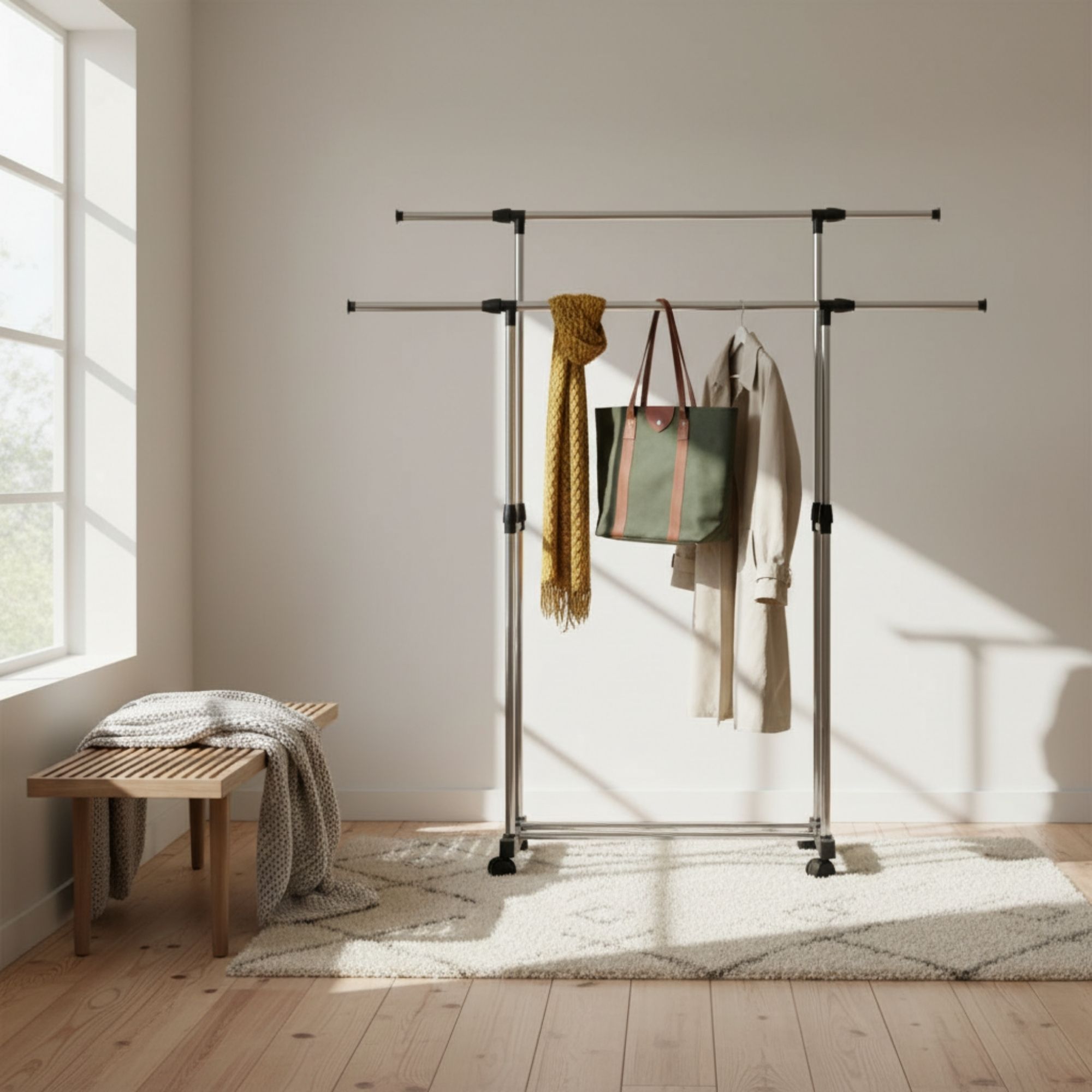 MOBLEKIT | Percheros de Pie y Percheros Extensibles de Metal y Madera, Burros de Ropa con Opciones Ajustables, con Ruedas o Estantes, Organizadores para Dormitorio, Entrada y Hogar