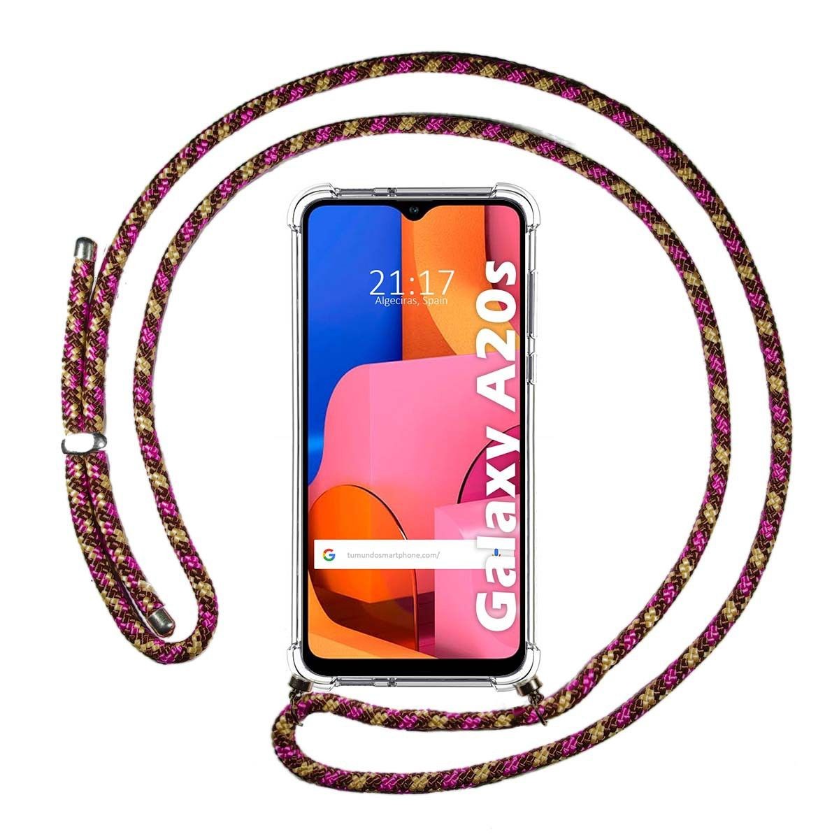 Tumundosmartphone Funda Colgante Transparente para Samsung Galaxy A20s con Cordon Rosa / Dorado