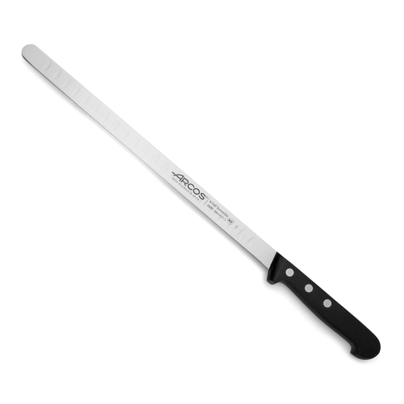 Arcos Cuchillo salmón / Cuchillo Pescado con Hoja Acero Inoxidable 290 mm. Mango ergonómico Polioximetileno POM. Serie Universal. Hoja larga y resistente con filoerrado. Corta fácilmente. Color negro.