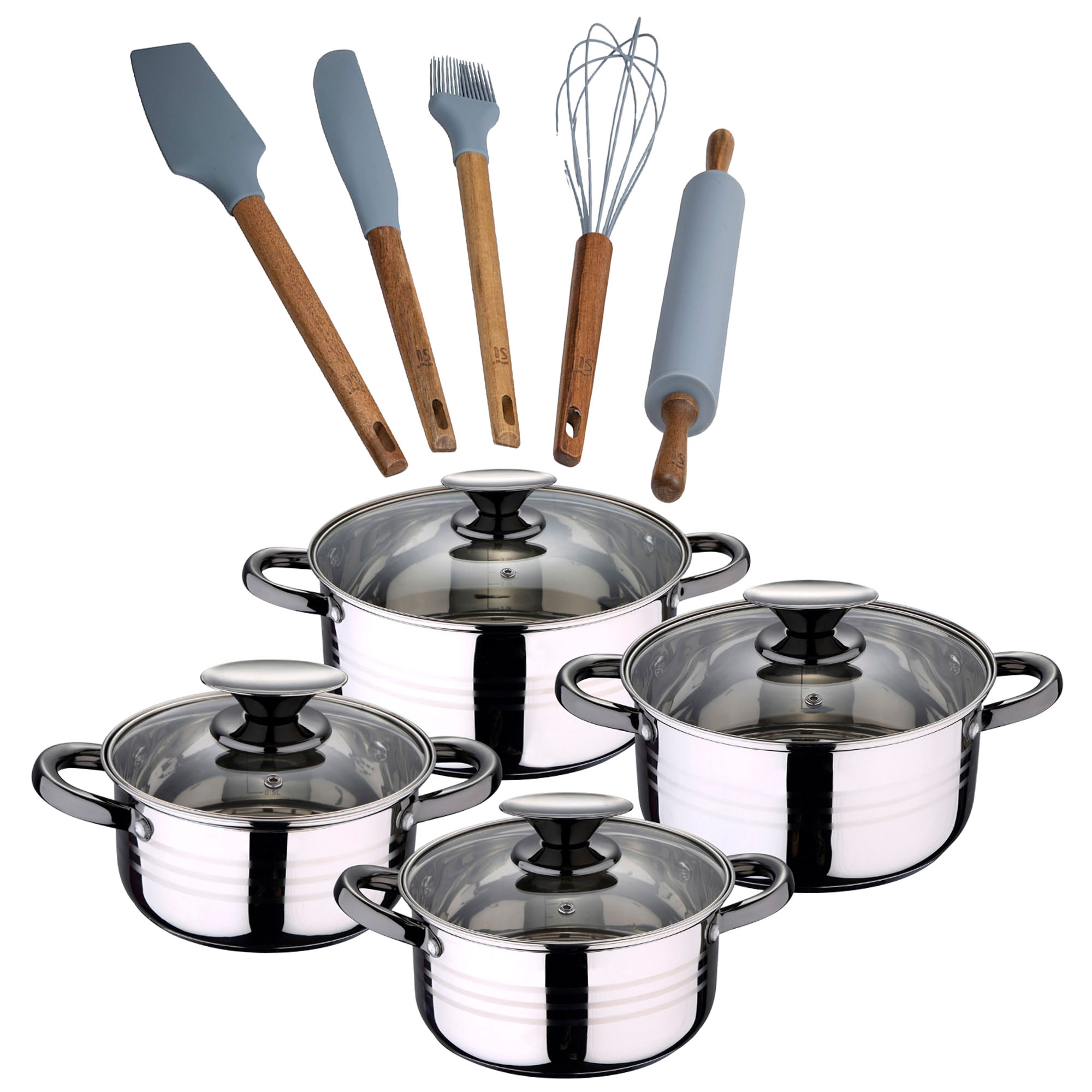 Bateria 8pc acero inoxidable apta para inducción Colección San Ignacio Premium +  Delantal de Cocina Gris oscuro 100% Algodón 75x80cm