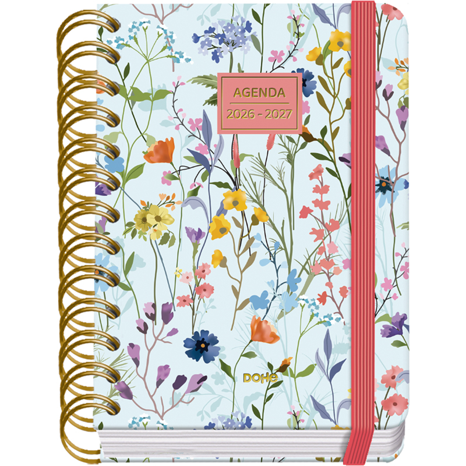 Dohe - Agenda Escolar 2026 2027 - Septiembre a Junio, Día Página, A6 (12x17 cm), Tapa Dura Suave, Espiral Doble, Cierre con Goma Elástica, 2 Páginas de Pegatinas, Español e Inglés