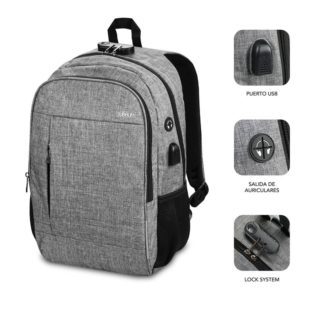 SUBBLIM - Mochila Urban Lock Backpack SUB-BP-1UL0001 para portátil de 15.6 pulgadas con sistema antirrobo numérico, resistente al agua y puerto USB gris