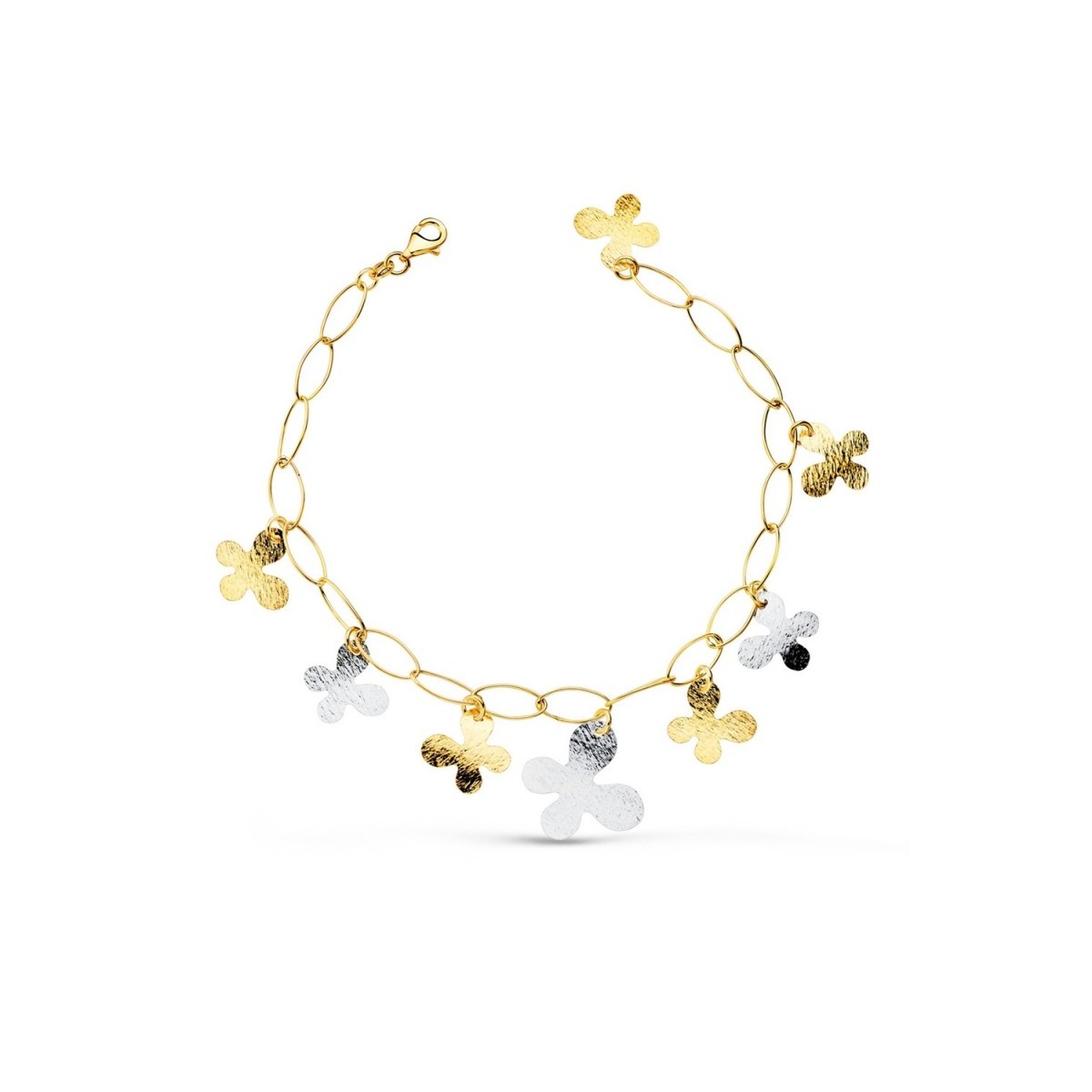 Pulsera oro bicolor 18k mujer 21 cm. eslabones huecos combinados mariposas colgantes mosquetón