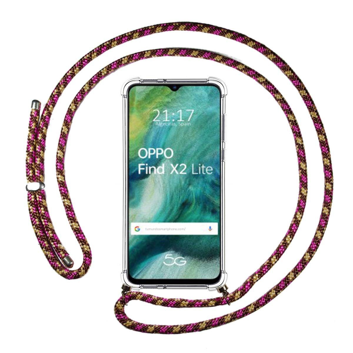 Tumundosmartphone Funda Colgante Transparente para Oppo Find X2 Lite con Cordon Rosa / Dorado