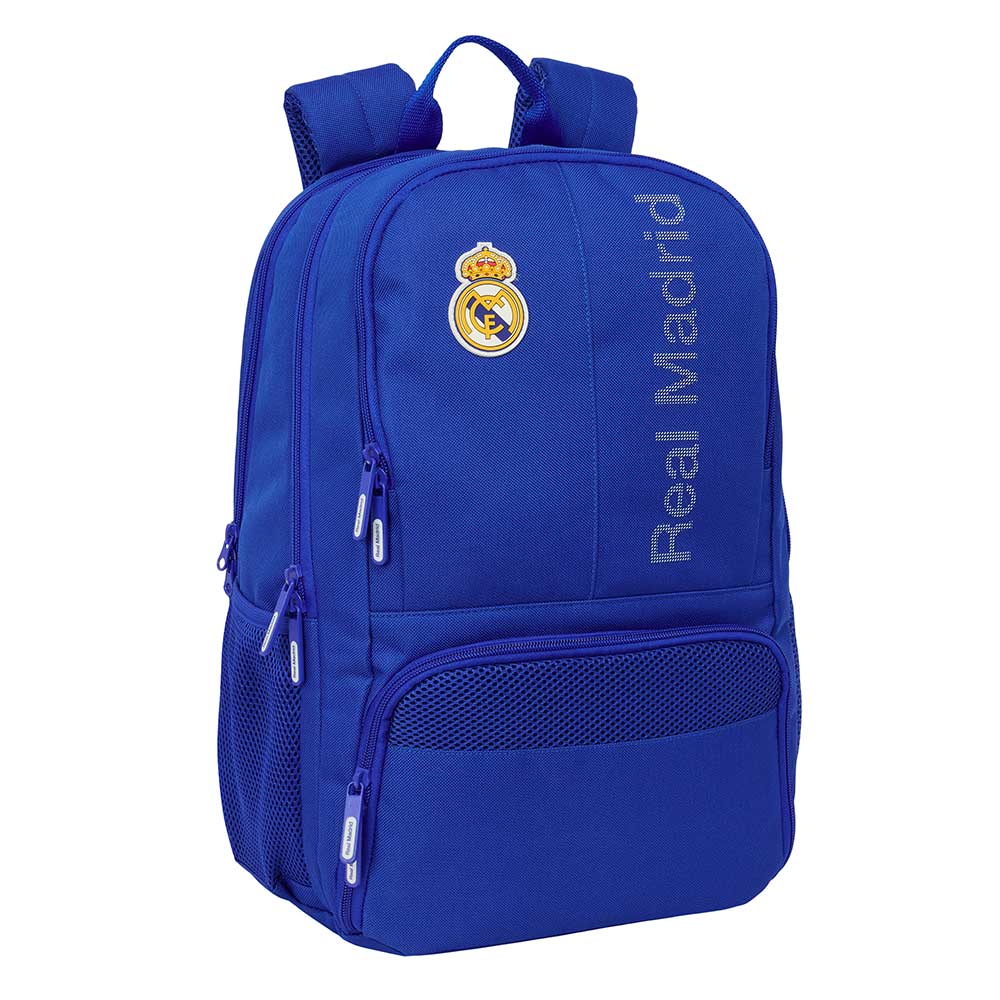 SAFTA | Mochila Escolar Real Madrid Adaptable a Carro (Sin Carro) 2 Compartimentos Grandes, Doble Compartimento con Cremallera, Hombreras y Espalda Ergonómicas Acolchadas, Bolsillo Portabotellas, Azul