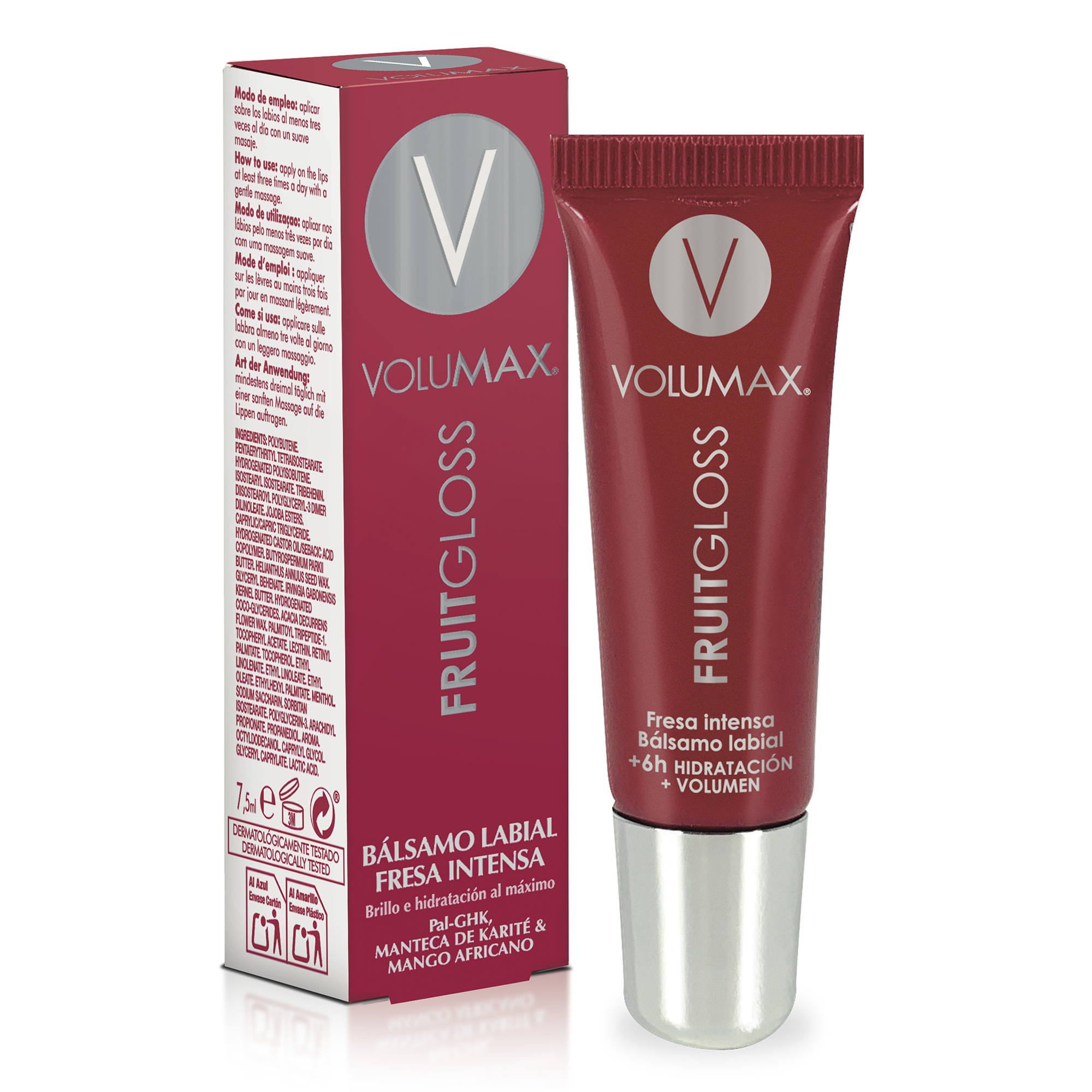 Volumax Fruitgloss Gloss de Labios de Sabor Intenso y Duradero | Óptima Hidratación_ Brillo_ Confort y Volumen | Sabor Fresa Nata_ Fresa Intensa y Canela | Sin Color |  7.5 ml