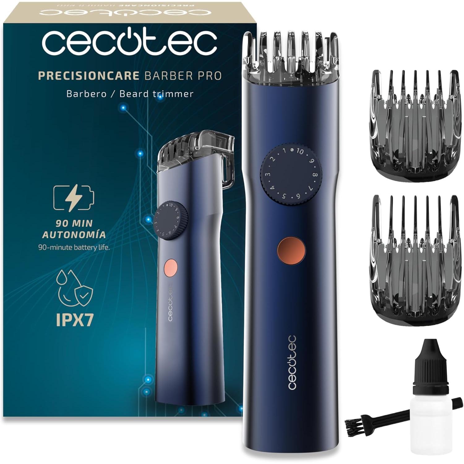 Cecotec Máquina de Cortar Barba con Cuchillas Japonesas PrecisionCare Barber Pro. Acero Inoxidable, Peines Guía Ajustables (0,5-20mm) con Rueda de Precisión, Autonomía 90min, IPX7, Pantalla