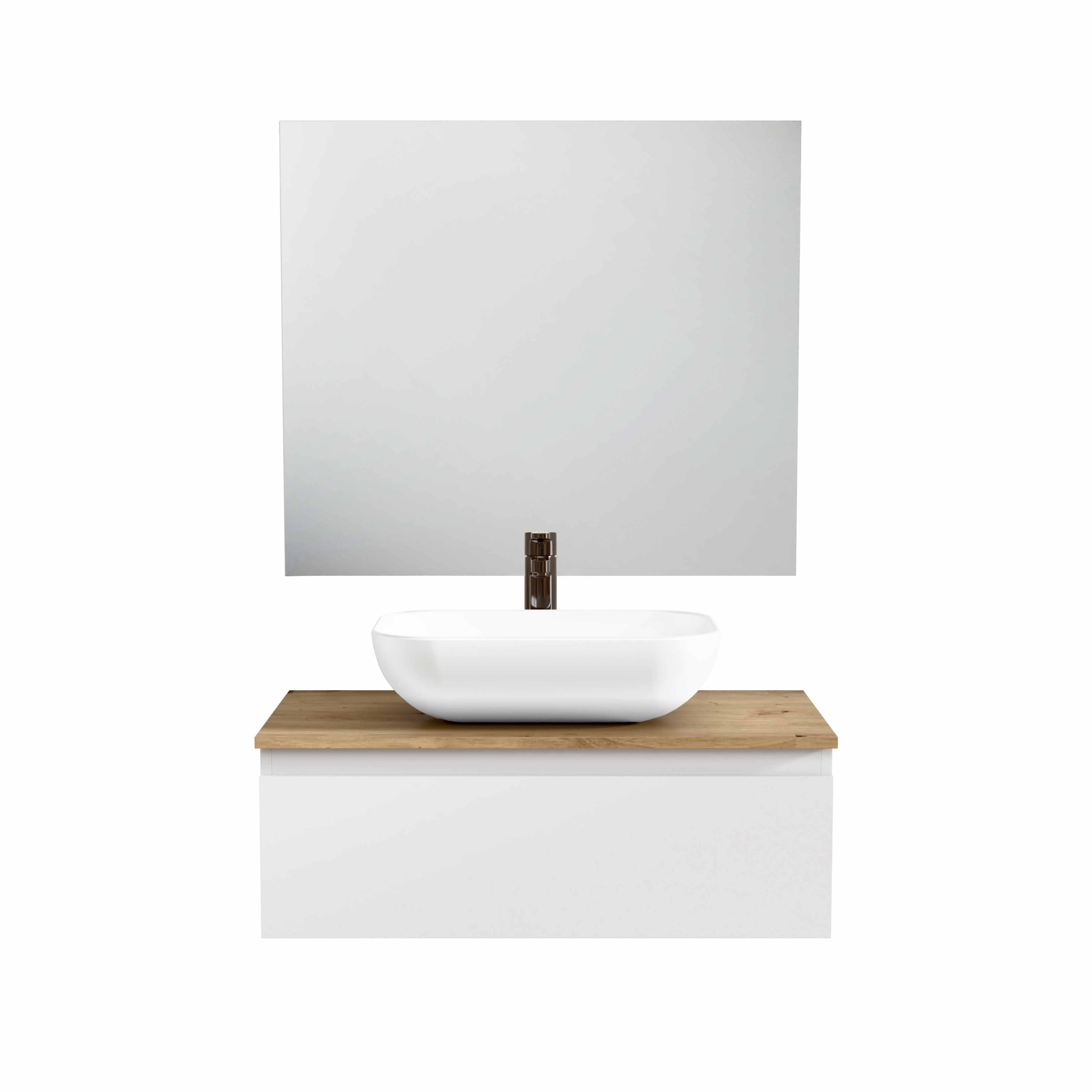 BELLOBATH - Mueble de baño suspendido con lavabo de cerámica y espejo - Mueble de baño con 1 cajón