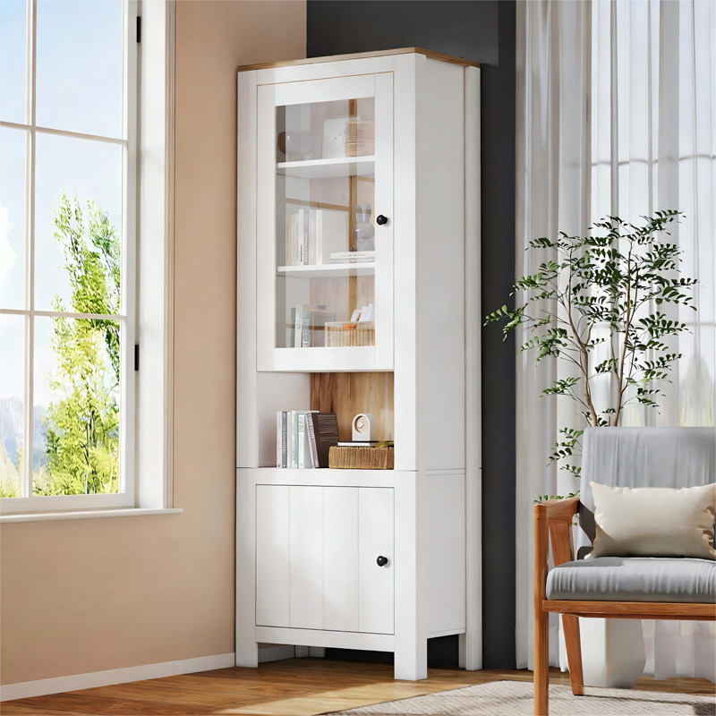 Vitrine haute blanche et bois naturel avec porte vitrée et éclairage LED