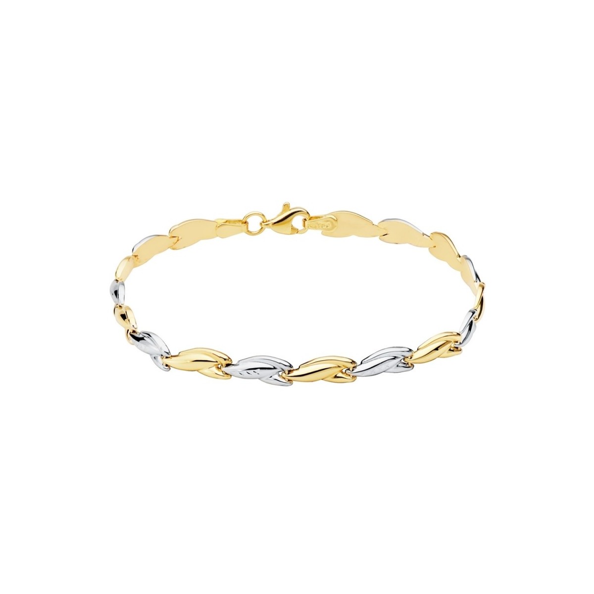 Pulsera oro bicolor 18k estampación semirrígida 19cm. eslabones brillo formas cierre mosquetón