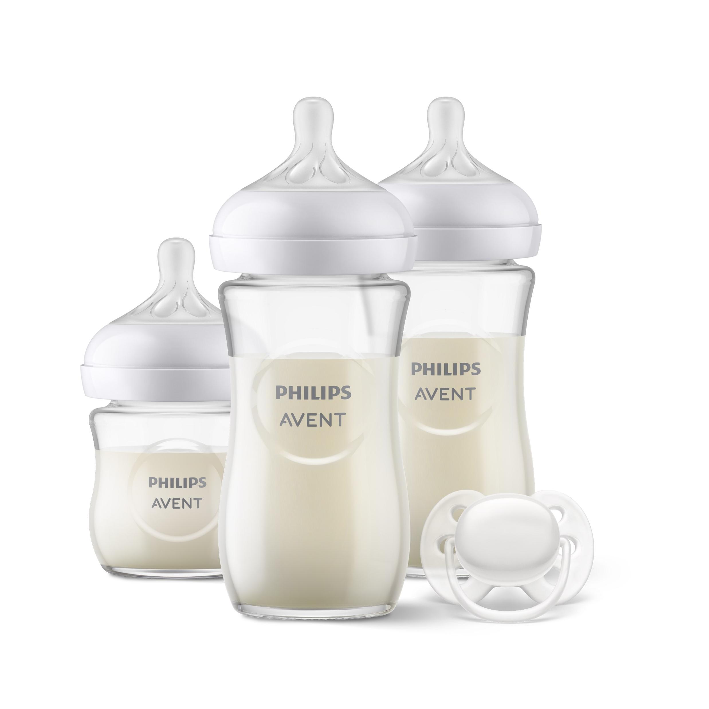 Philips AVENT Pack Natural Response, incluye 1 biberón de cristal 120ml, 2 biberones de cristal 240ml y 1 chupete ultra soft 0-6m. (SCD878/11)