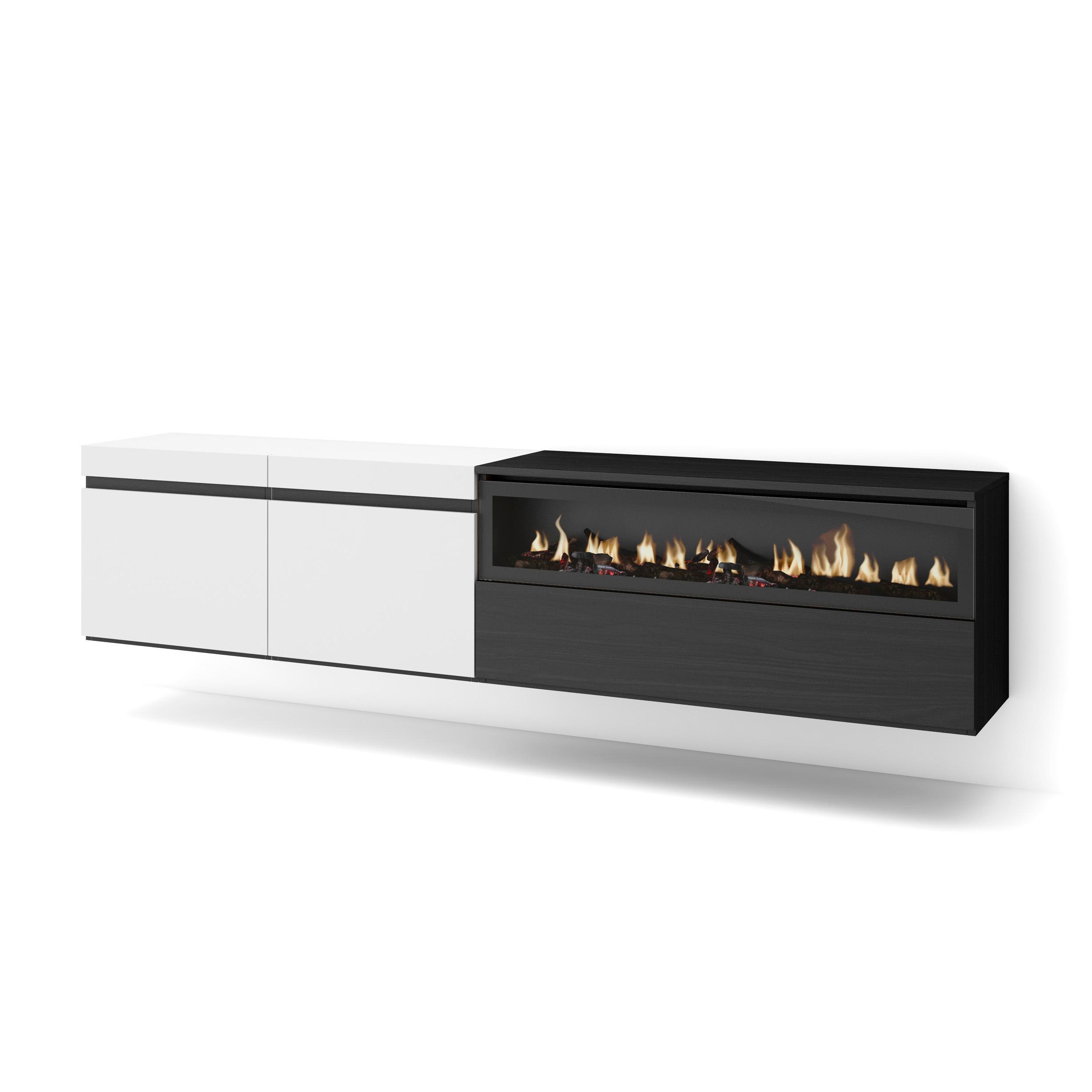 Skraut Home, Mueble de Televisión en melamina de alta calidad, 203x35x45cm, Fuego led efecto 3d