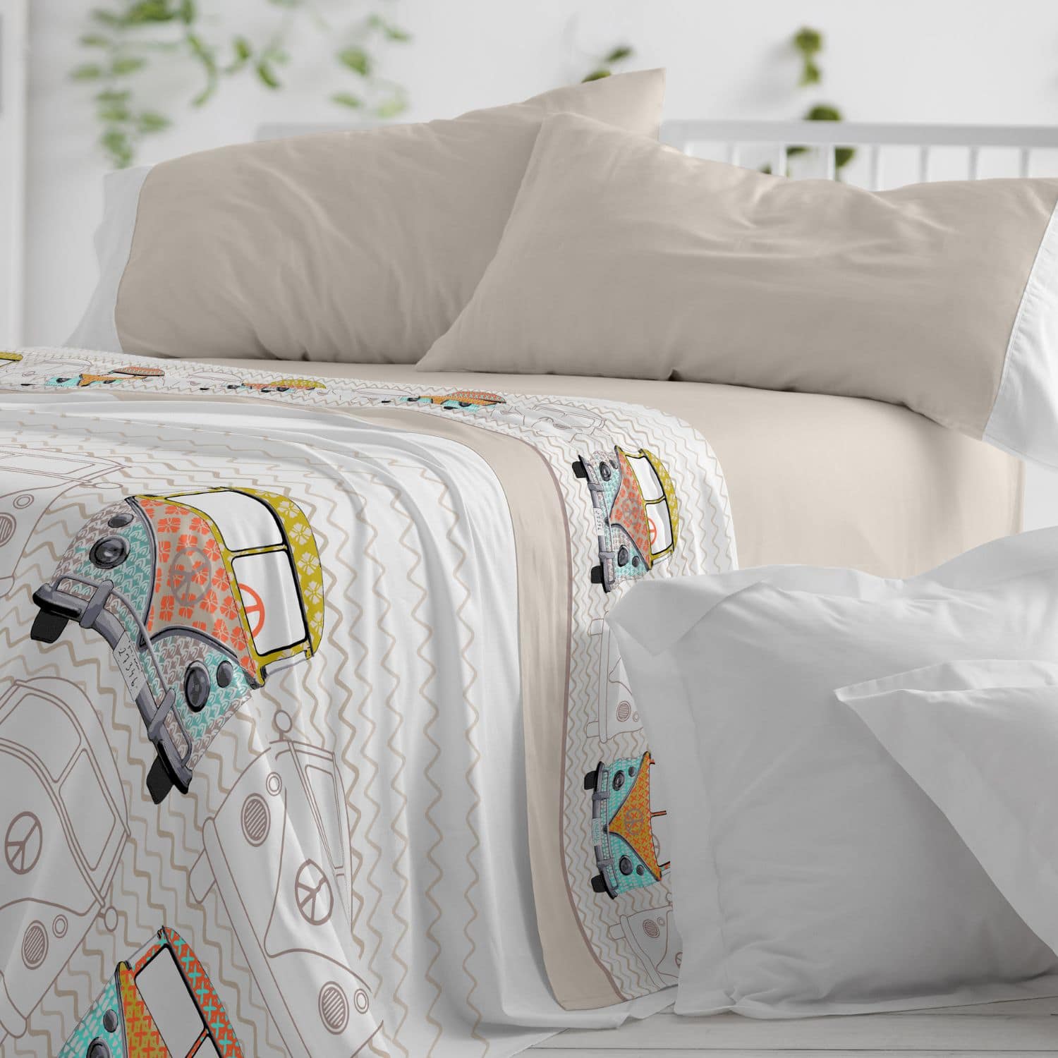 Juego de Sábanas Vintage Furgonetas | 100% Algodón | 4 Medidas Disponibles | Diseño Exclusivo Primavera-Verano