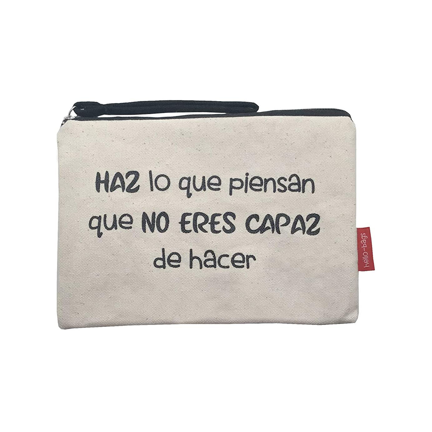 Hello-Bags. Bolso Neceser / Cartera de Mano con cremallera y forro interior. Exterior: Algodón 100%. Incluye sobre kraft de regalo. Modelo HAZLO. Color: Crudo / Negro. 23x15,5 cm.