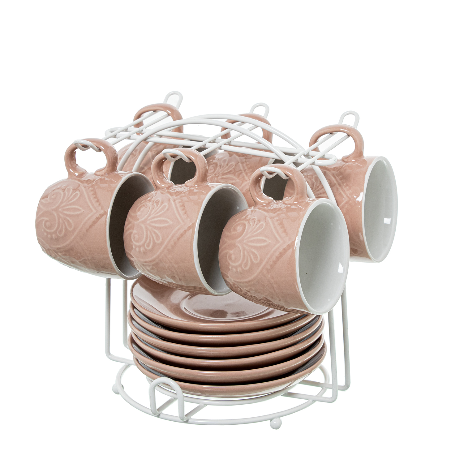Set 6 tazas cafe con plato ceramica color rosa con soporte metal taza: 89ml 6, 5x5, 5cm plato: 12