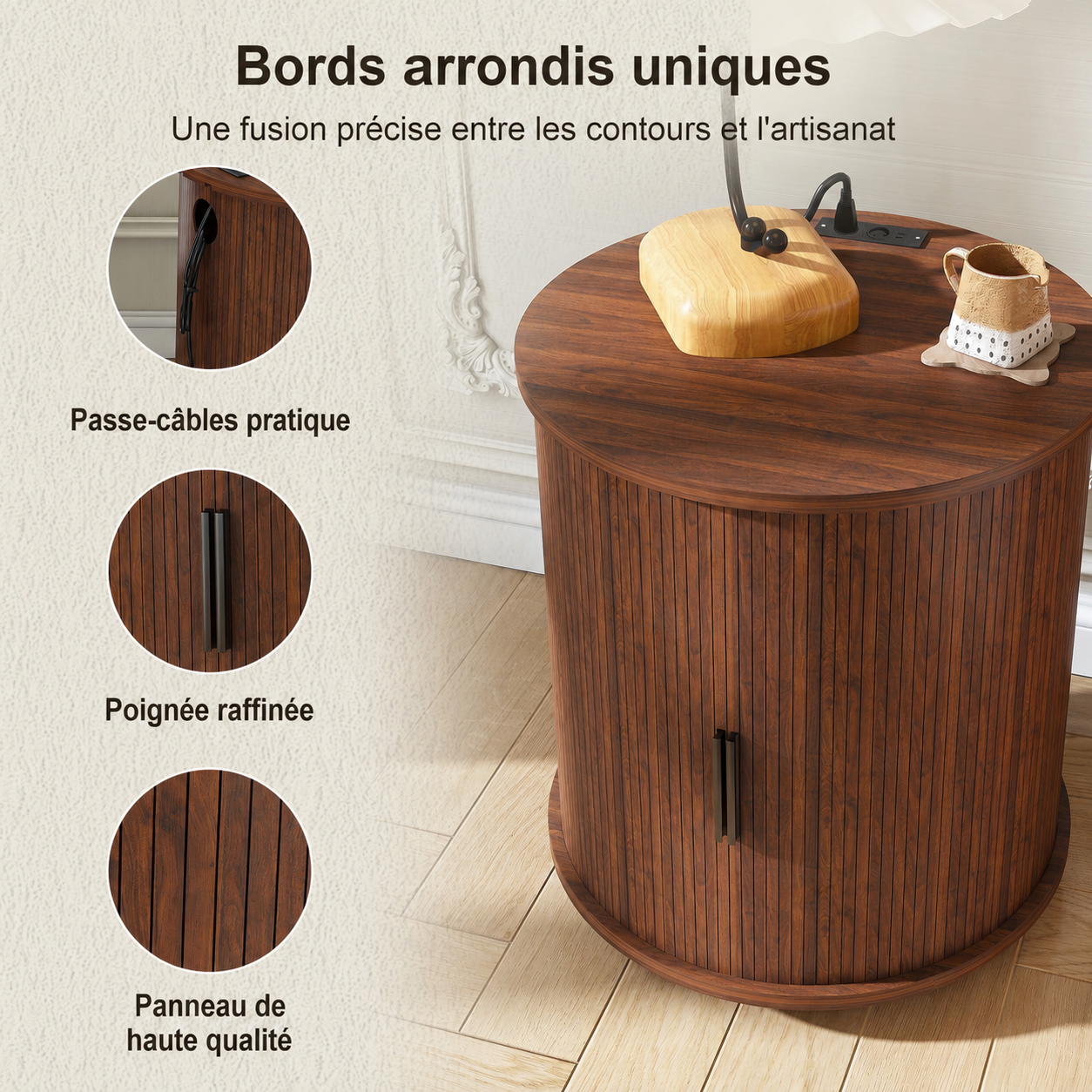 Table de chevet cylindrique effet noyer avec station de charge, porte coulissante, rangement et roulettes