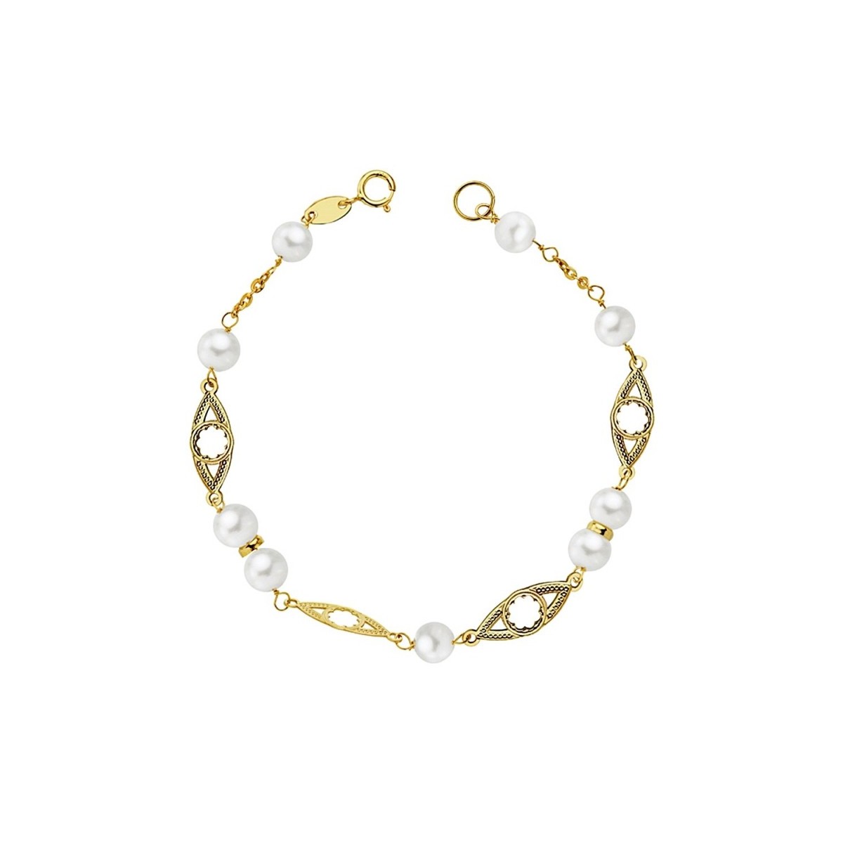 Pulsera oro 18k primera comunión 17cm. perlas 5mm. cultivadas flores caladas cerco oval niña reasa