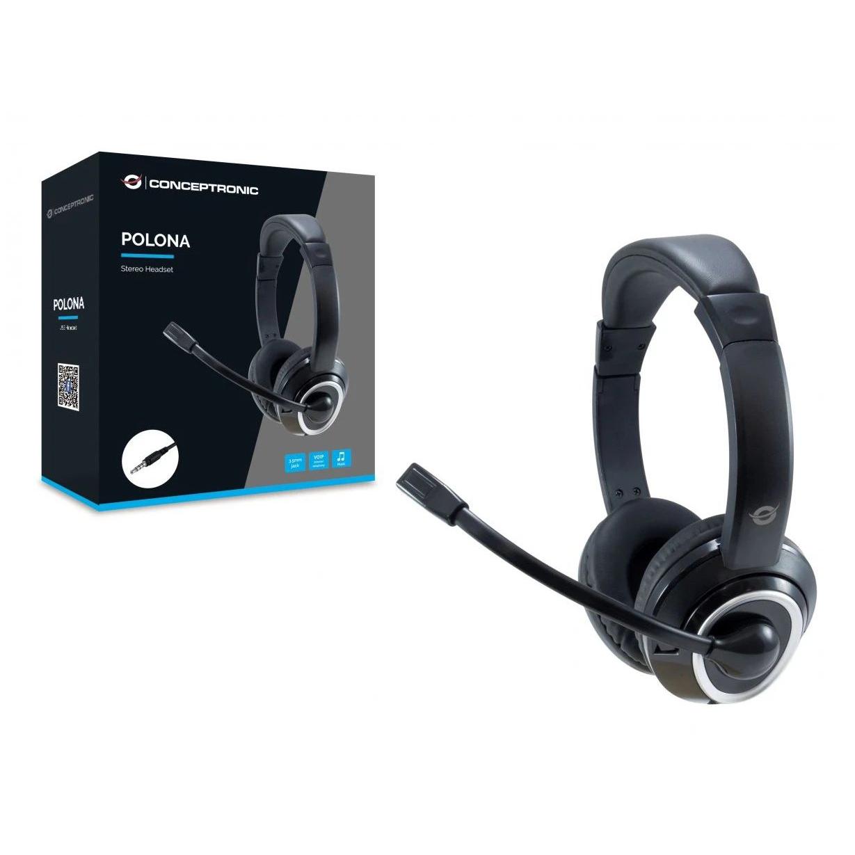 Conceptronic - Auriculares POLONA02B para estudio y gaming con micrófono integrado, conexión jack 3,5 mm plug-and-play, diseño supraaural cómodo y ajustable, respuesta de frecuencia 20–20.000 Hz, sensibilidad 96 dB, impedancia 32 Ω, color negro